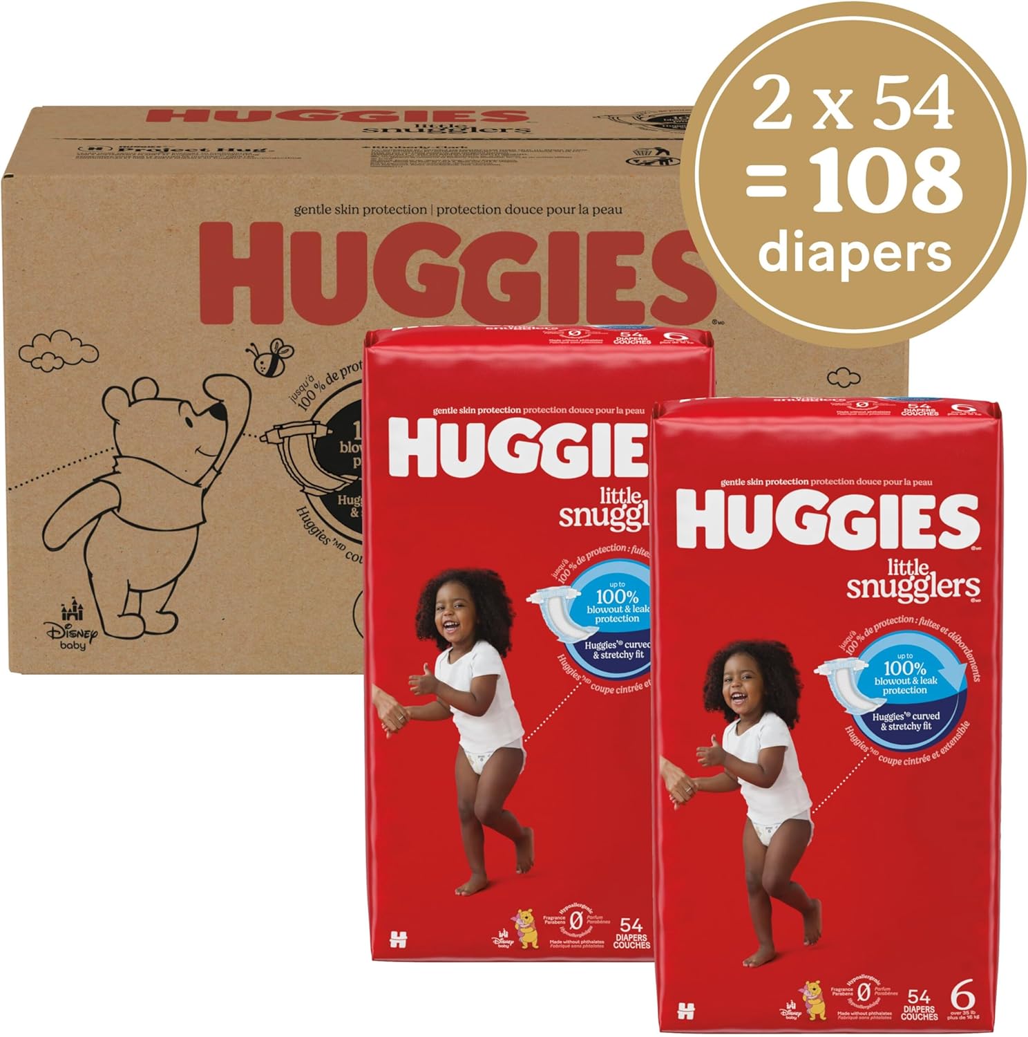 Huggies Size 6 Diapers, Little Snugglers Baby Diapers, Size 6 (35+ lbs), 108 Count (2 Packs of 54), Packaging May Vary
