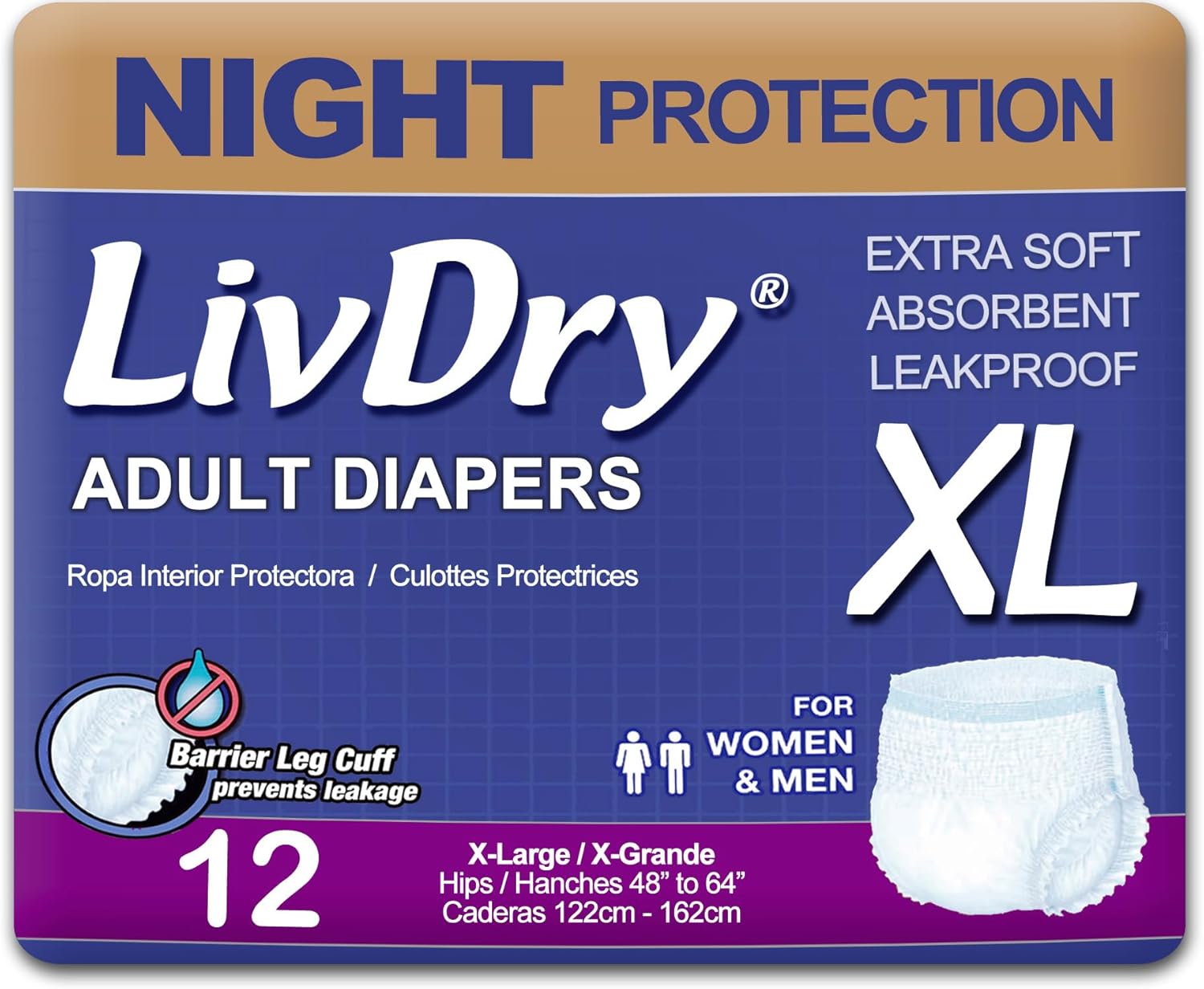 LivDry 3XL Overnight Adult Diapers for Women and Men, XXXL Incontinence Underwear, 72u201D-92" Waist, Disposable Pull-On Briefs, XXX-Large, 40 Count - Image 7