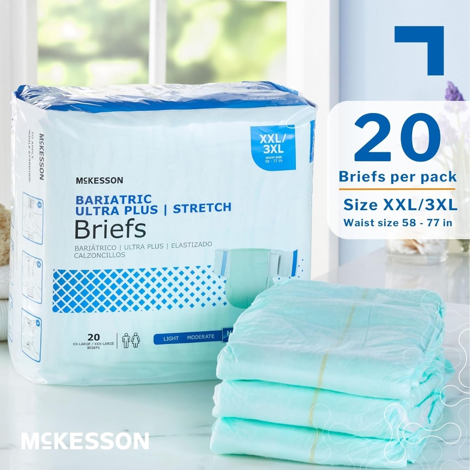 McKesson Ultra Plus Stretch Briefs, [80 Count], XXL/3XL, 58-77 in. Incontinence Adult Diapers, Heavy Absorbency, Unisex, Disposable, Elastic Leg Gathers and Contoured Fit for Men and Women