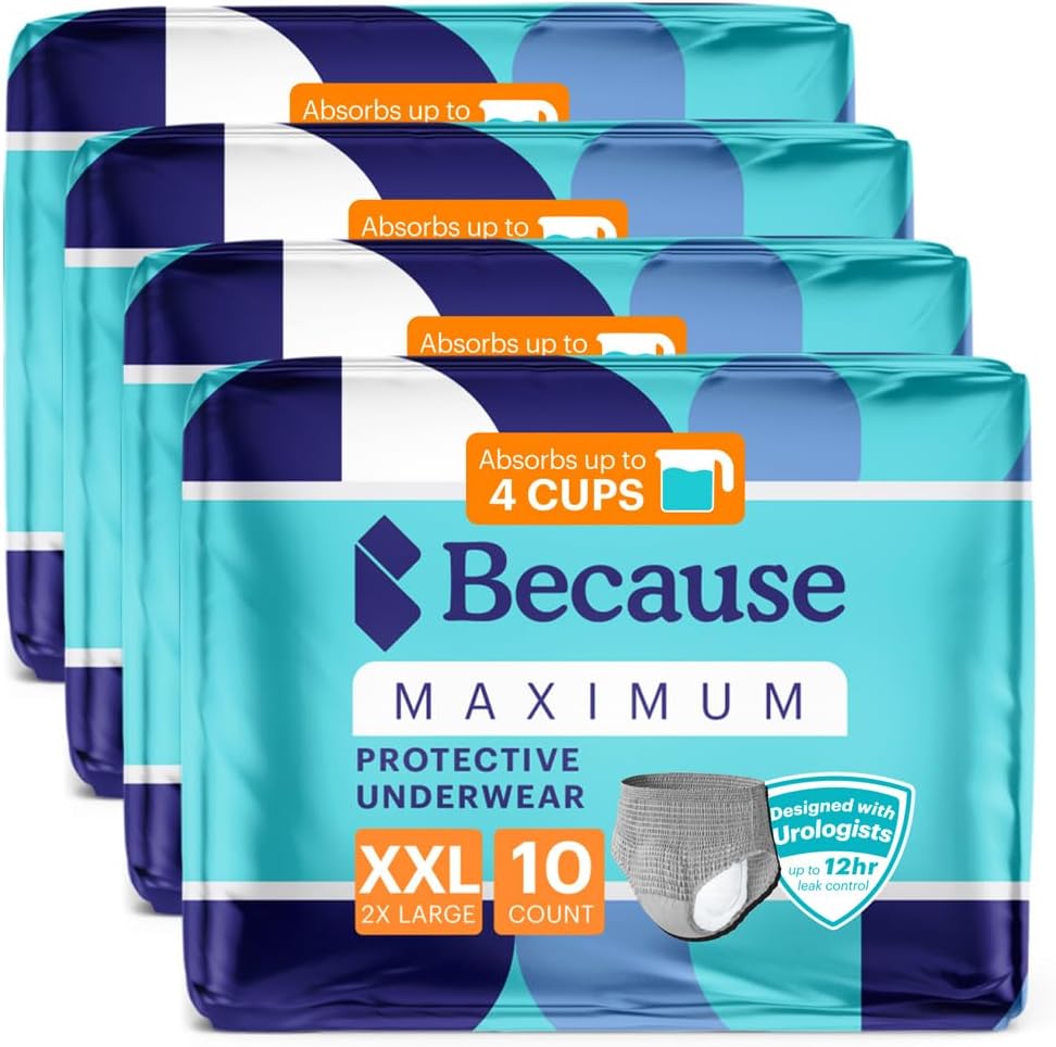 Because Maximum Incontinence Underwear for Men - Heavy Bladder Leak Protection, Ideal for Overnight Leakage, Sleek, Invisible Fit, Grey, XXLarge - Absorbs 4 Cups - 40 Count (4 Packs of 10)