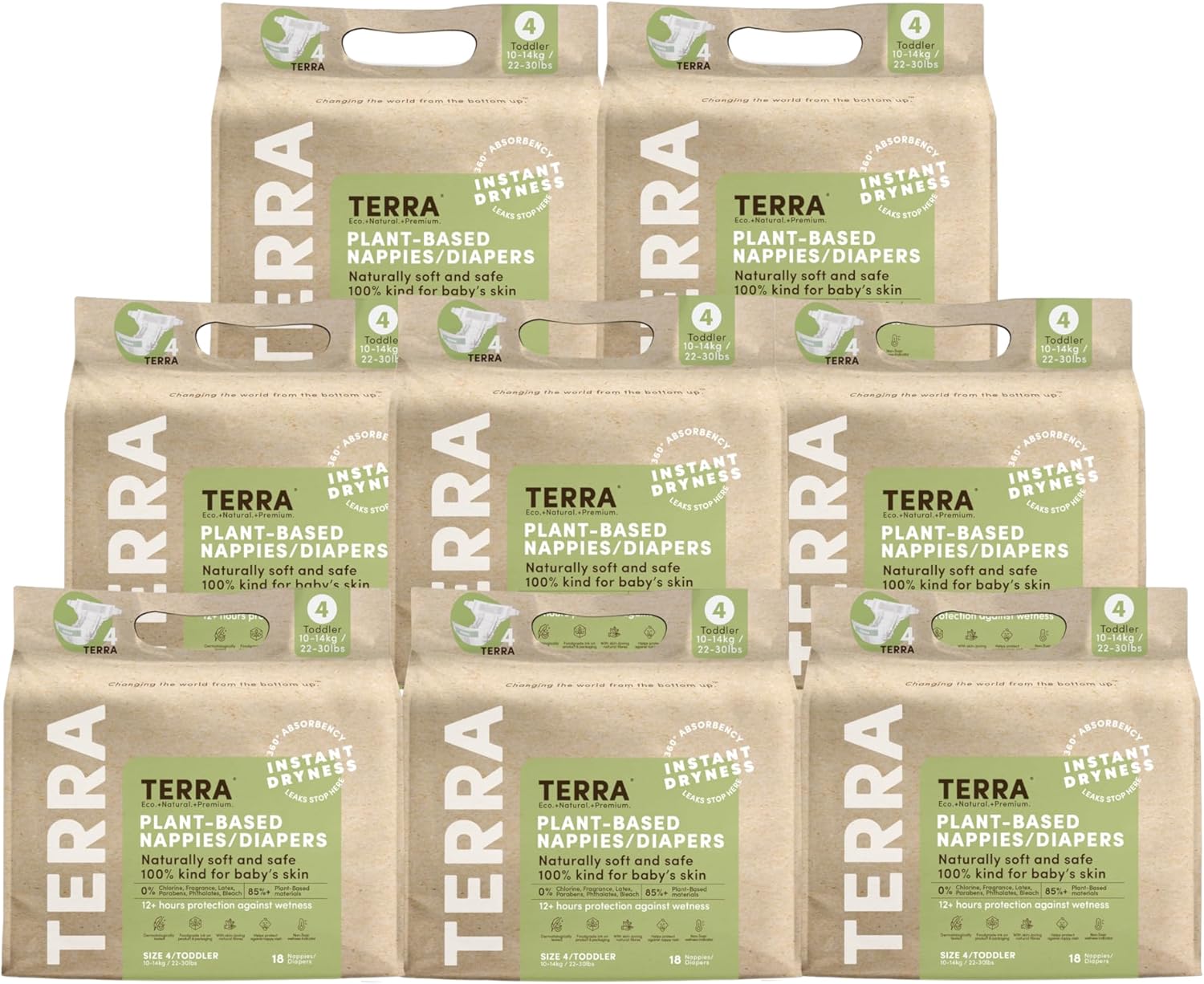 Terra Diapers Size 4: 85% Plant-Based Diapers, Ultra-Soft & Chemical-Free for Sensitive Skin, Superior Absorbency for Day or Nighttime Diapers, Designed for Toddlers 22-30 Pounds, 144 Count