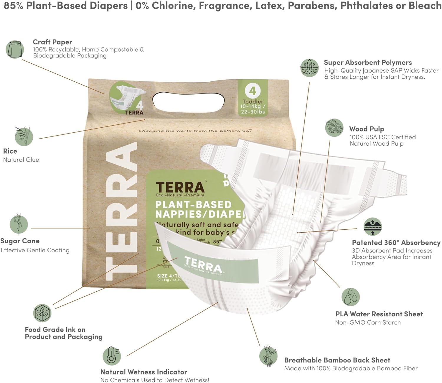 Alternative view of Terra Diapers Size 4: 85% Plant-Based Diapers, Ultra-Soft & Chemical-Free for Sensitive Skin, Superior Absorbency for Day or Nighttime Diapers, Designed for Toddlers 22-30 Pounds, 144 Count