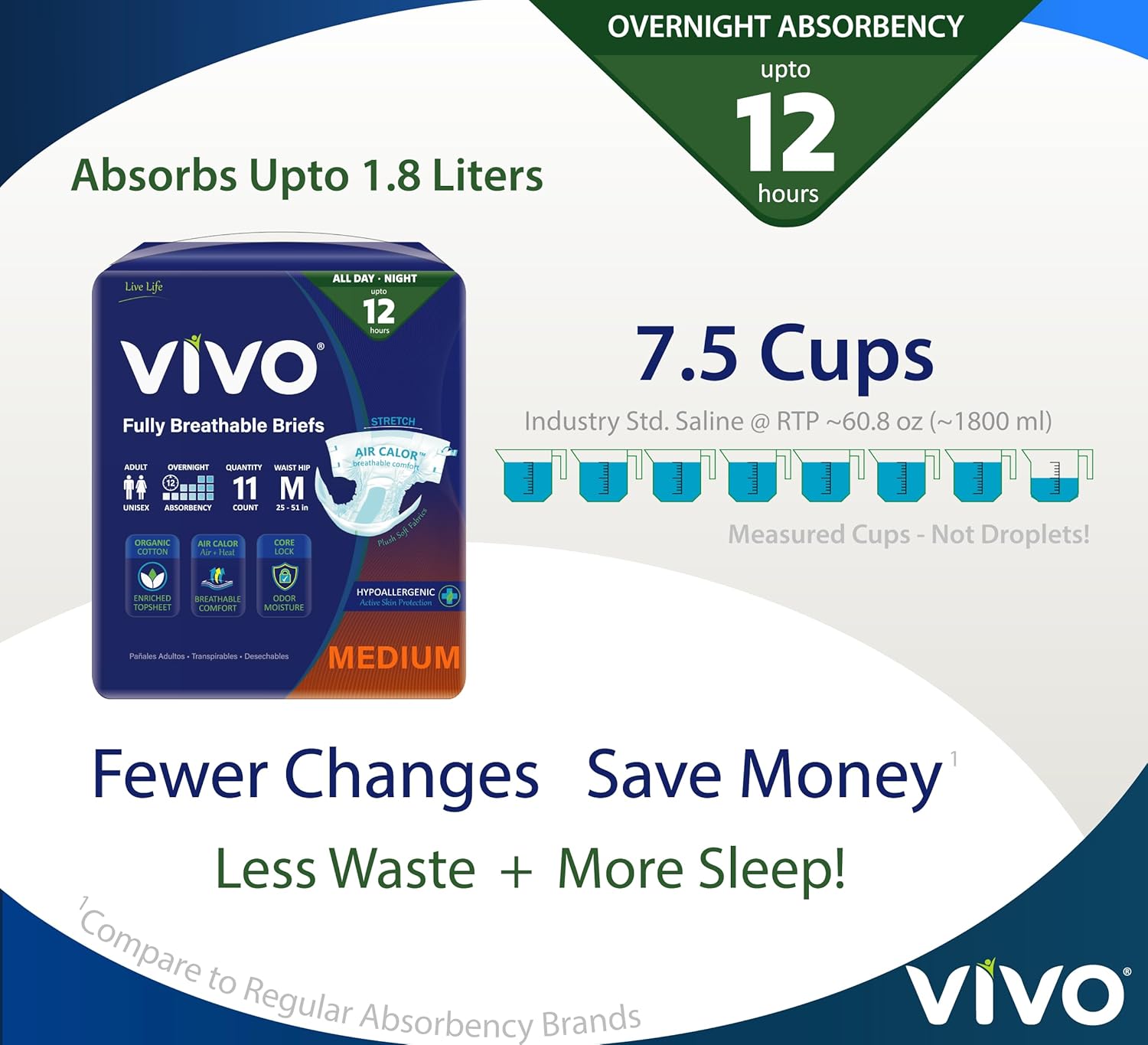 Alternative view of VIVO Organic Cotton Overnight Sensitive Skin Adult Incontinence Diaper Briefs with Tabs, Medium 44 Count