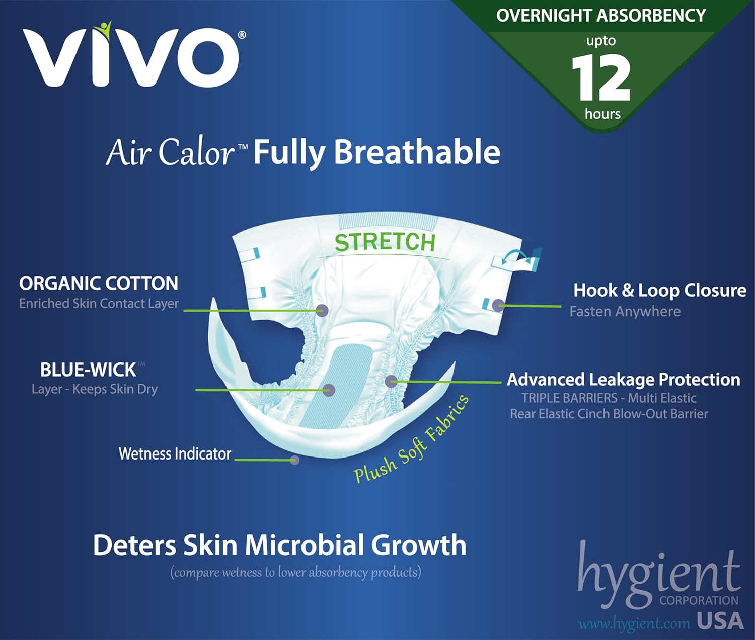 VIVO Organic Cotton Overnight Sensitive Skin Adult Incontinence Diaper Briefs with Tabs, Medium 44 Count - Image 3