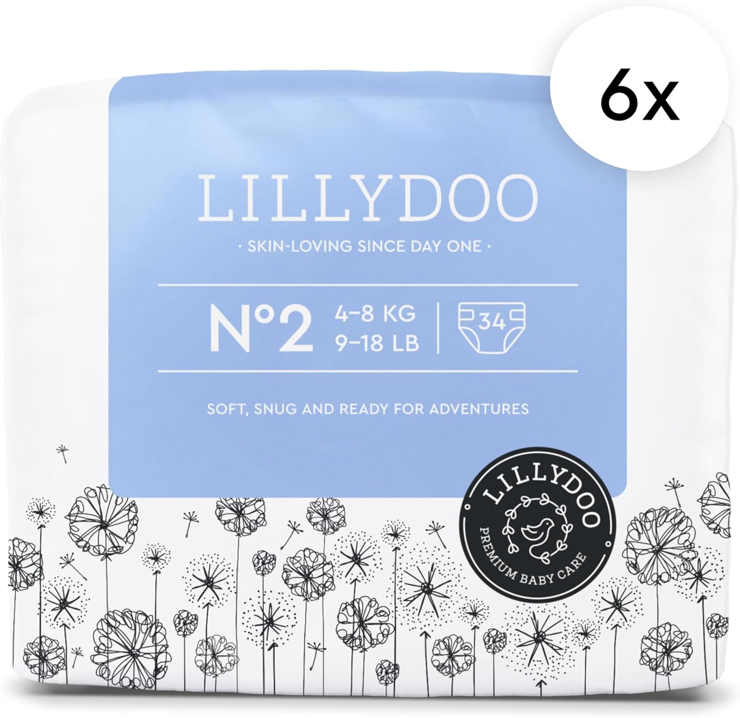 LILLYDOO Baby Diapers - Size 2 (9-18 lbs), Monthly Supply (204 Count), Leak Protection, Skin-Friendly, Ultrasoft, Perfume- & Chlorine-Free, Hypoallergenic, Dermatologist Tested, Oeko-TEX®