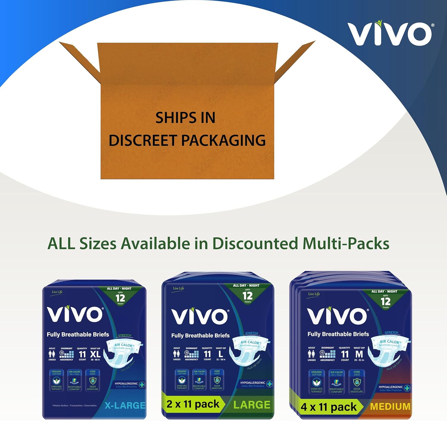 VIVO Organic Cotton Overnight Sensitive Skin Adult Incontinence Diaper Briefs with Tabs, Medium 44 Count - Image 5