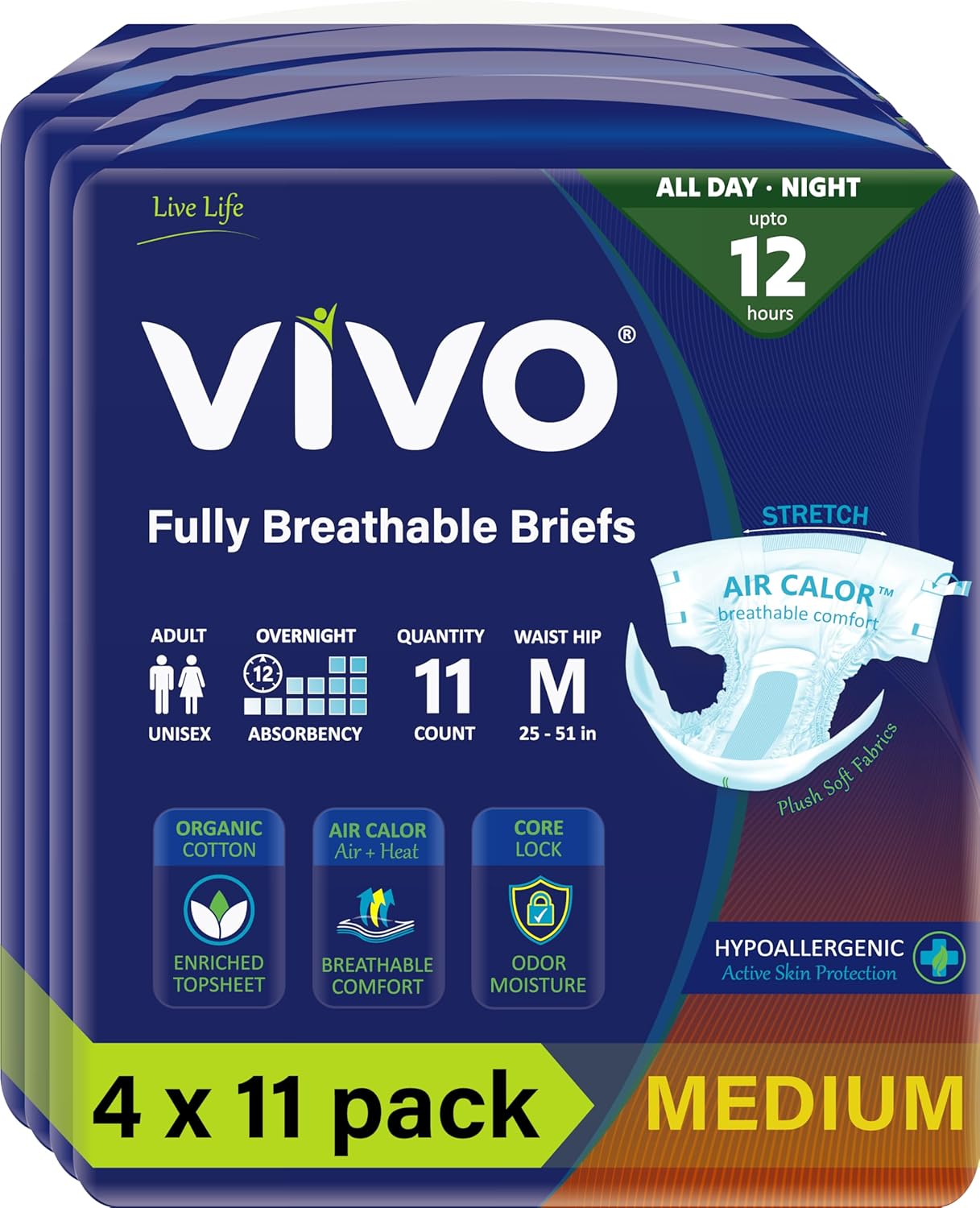 VIVO Organic Cotton Overnight Sensitive Skin Adult Incontinence Diaper Briefs with Tabs, Medium 44 Count - Image 6