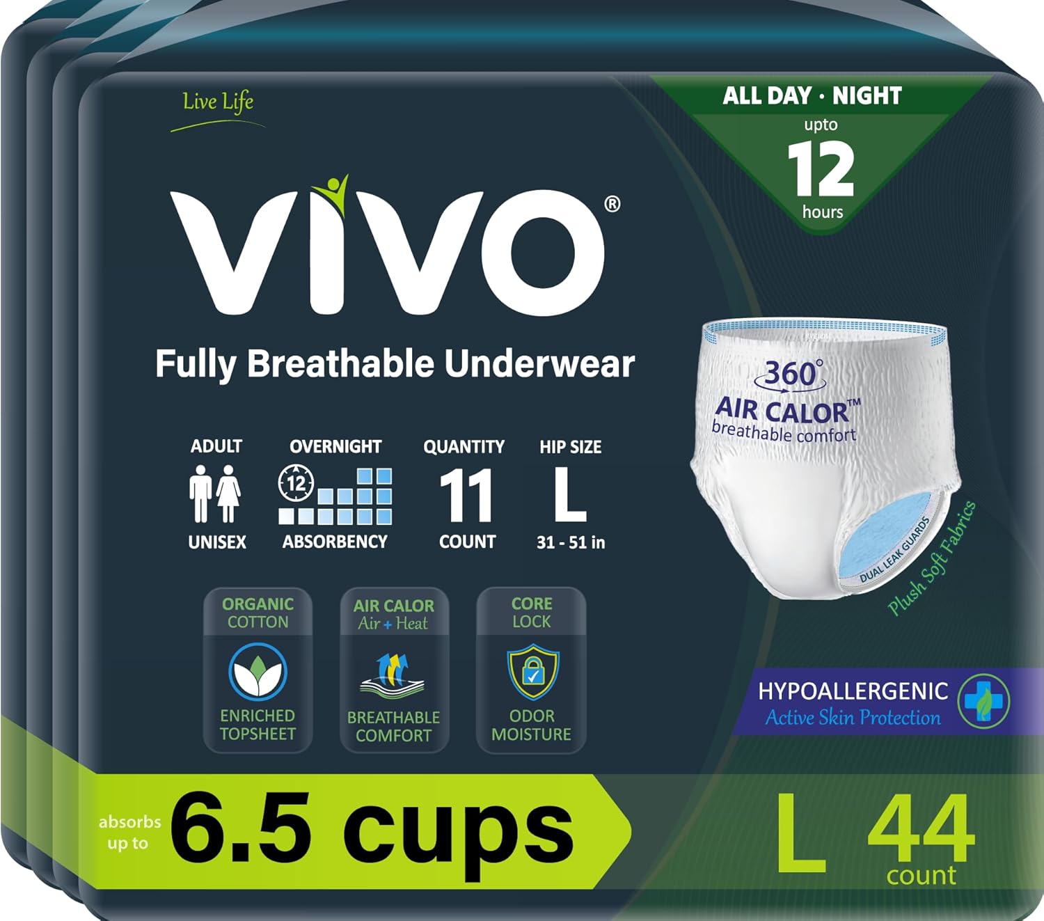 VIVO Organic Cotton Overnight Sensitive Skin Adult Incontinence Diaper Briefs with Tabs, Medium 44 Count - Image 7