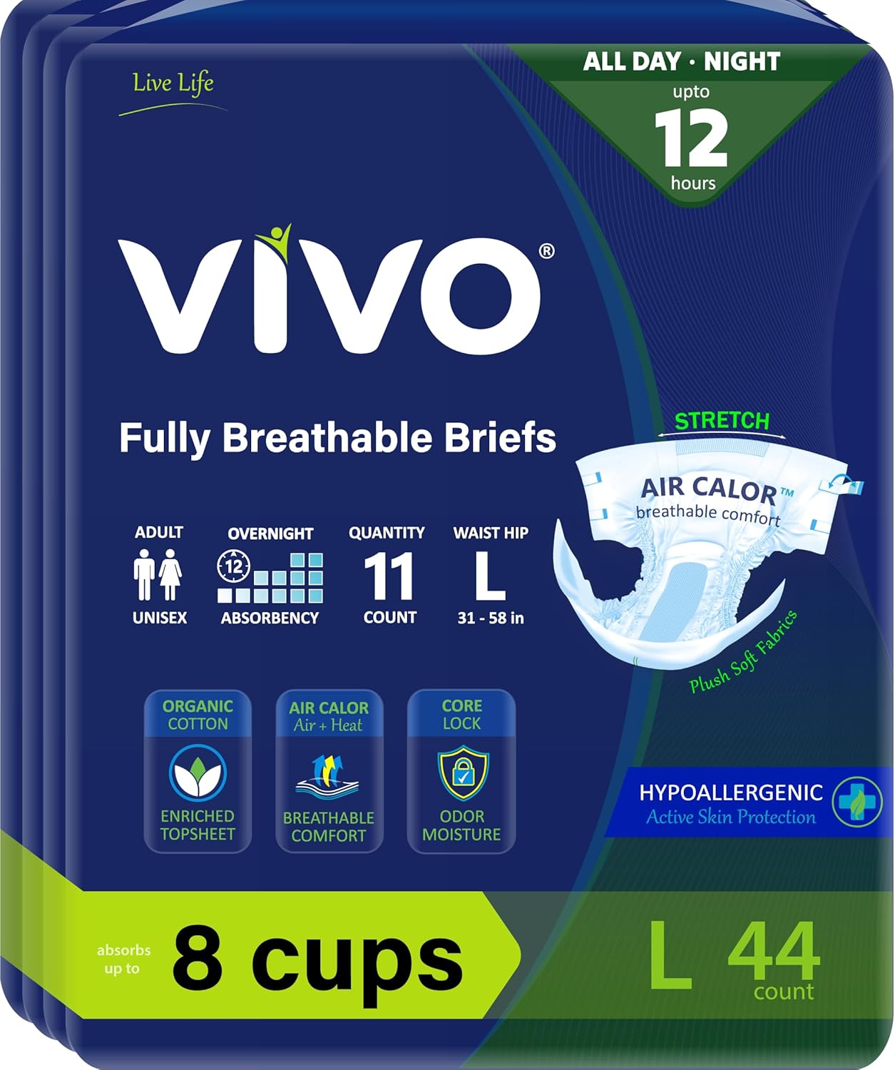 VIVO Organic Cotton Overnight Sensitive Skin Adult Incontinence Diaper Briefs with Tabs, Medium 44 Count - Image 8