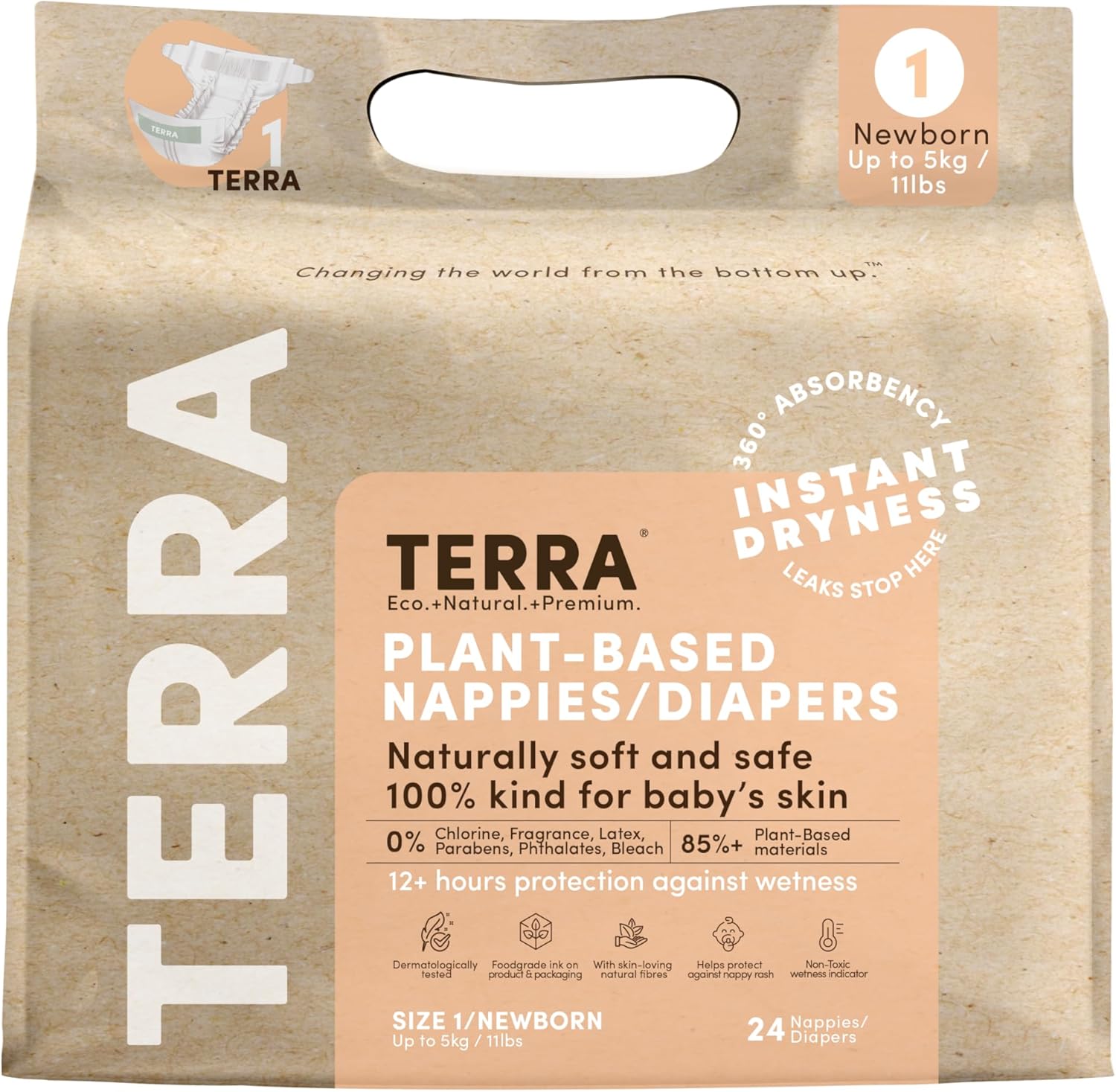 Terra Diapers Size 5: 85% Plant-Based Diapers, Ultra-Soft & Chemical-Free for Sensitive Skin, Superior Absorbency for Day or Nighttime Diapers, Designed for Toddlers 28-39 Pounds, 16 Count - Image 8