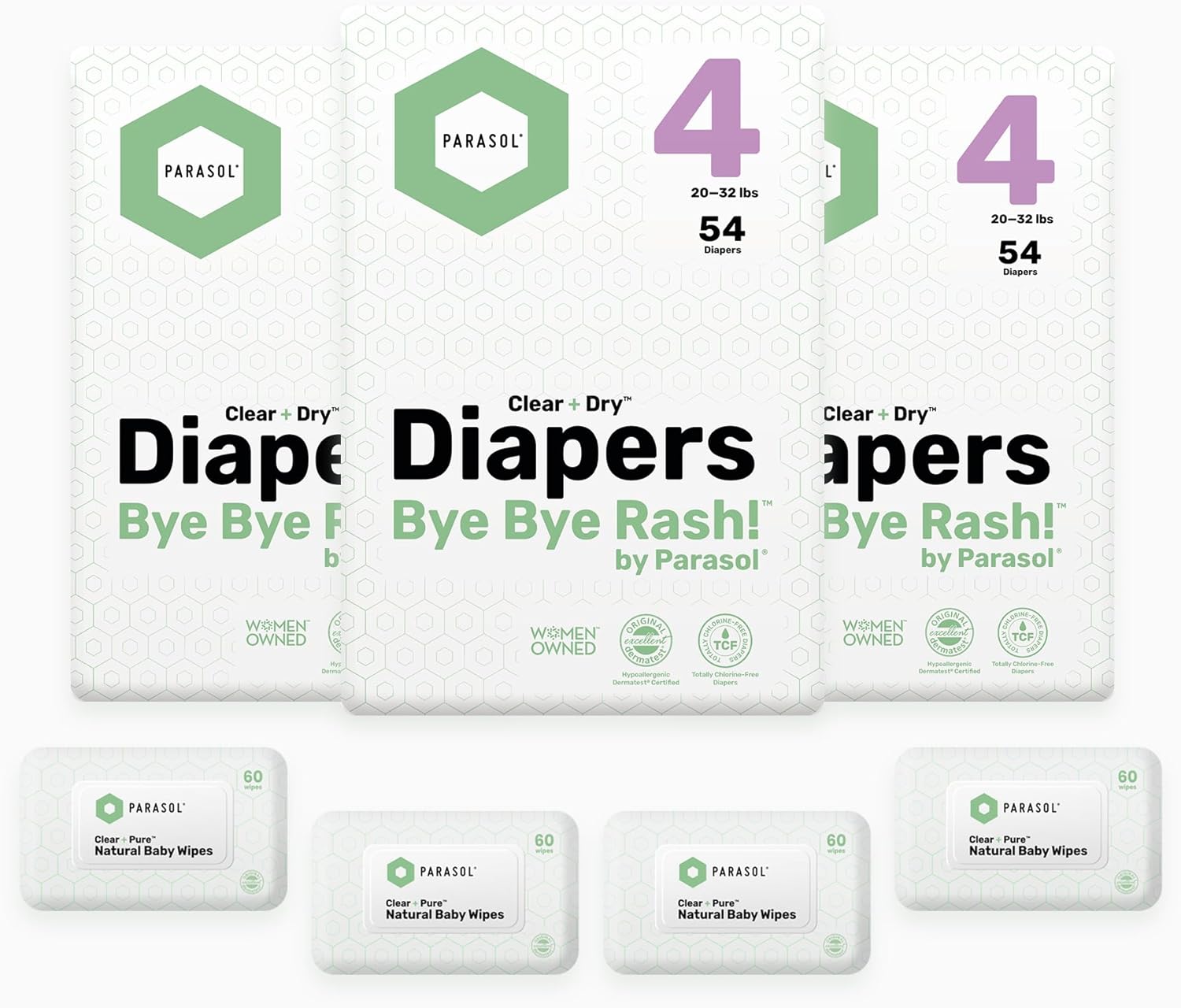 Parasol Clear+Dry Disposable Diapers and Clear+Pure Wipes Kit, RashShield Protection, Size 4 (20-32 lbs), Diaper Bundle of 162 Diapers & 240 Wipes