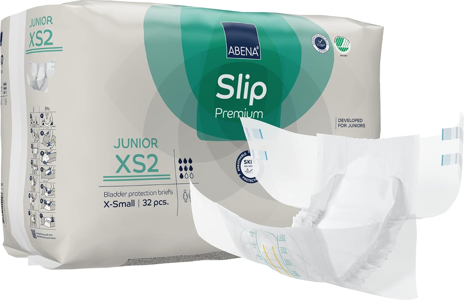 Abena Hypoallergenic Slip Junior Premium Incontinence Briefs, for Juniors Aged 5-15, Eco-Labeled, Level 2, 32 Count