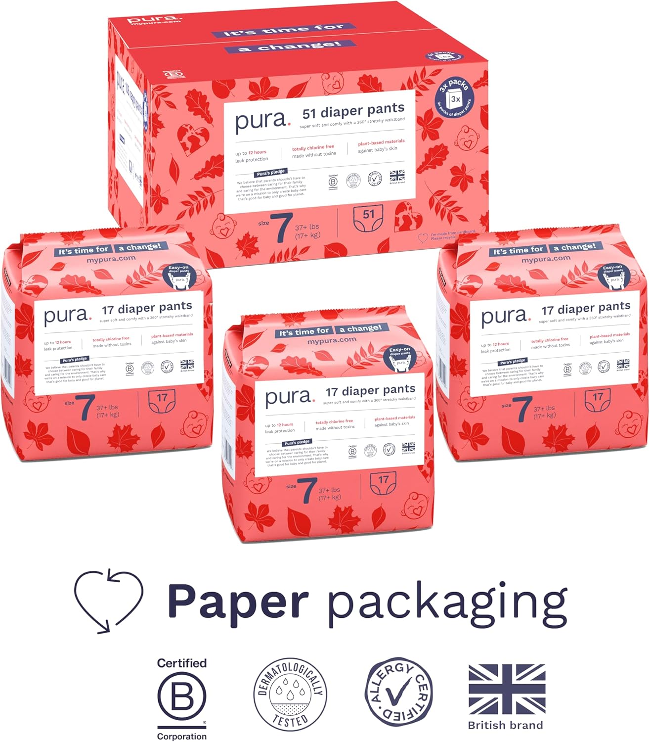 Pura Hypoallergenic Diaper Pants Size 7 (37+ lbs) Overnight, up to 12 Hours Leak Protection, Suitable for Sensitive Skin, Totally Chlorine Free, Soft Organic Cotton, 3 Packs of 17 (51 Pull Up Pants)