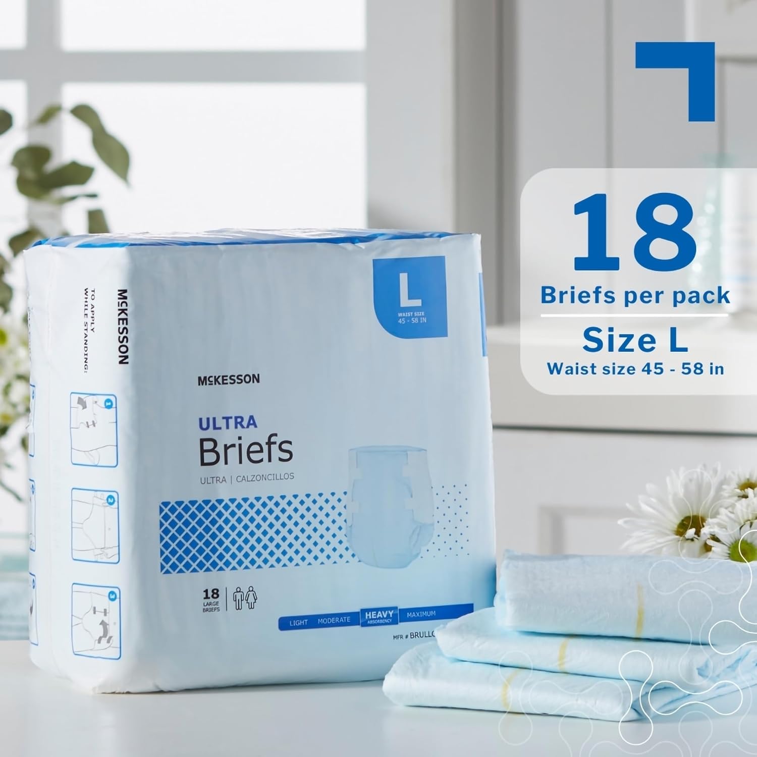 McKesson Ultra Briefs, [72 Count], Size L, 45-58 in. Incontinence Adult Diapers, Heavy Absorbency, Unisex, Disposable, Elastic Leg Gathers and Contoured Fit for Men and Women