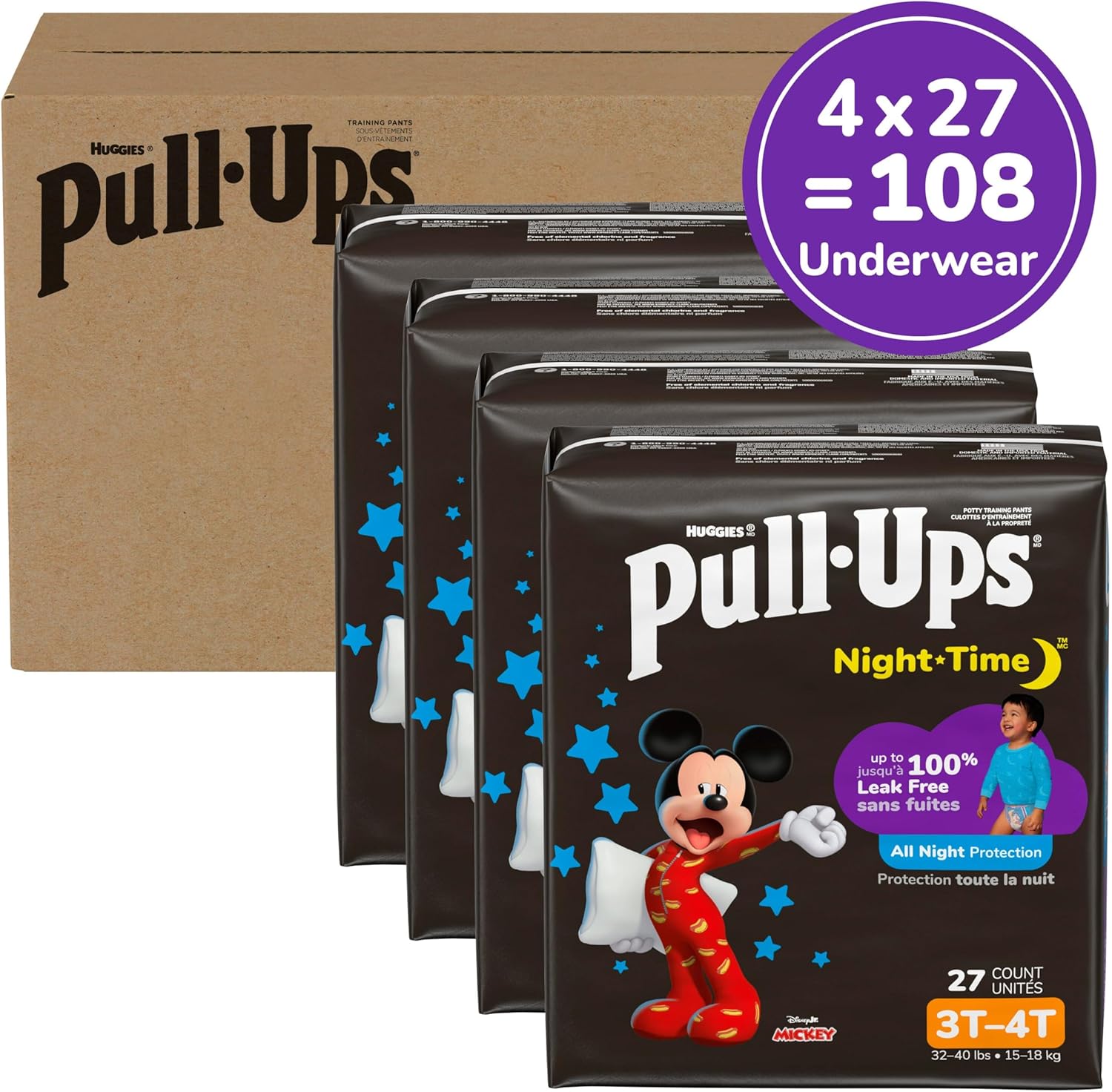 Pull-Ups Boys' Night Time Potty Training Pants, Size 3T-4T Overnight Training Underwear (32-40 lbs), 108 Ct