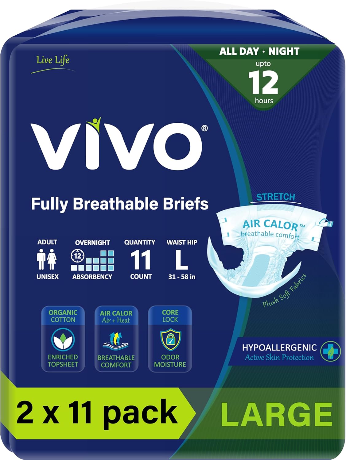VIVO Organic Cotton Overnight Sensitive Skin Adult Incontinence Diaper Briefs with Tabs, Large 22 Count - Image 6