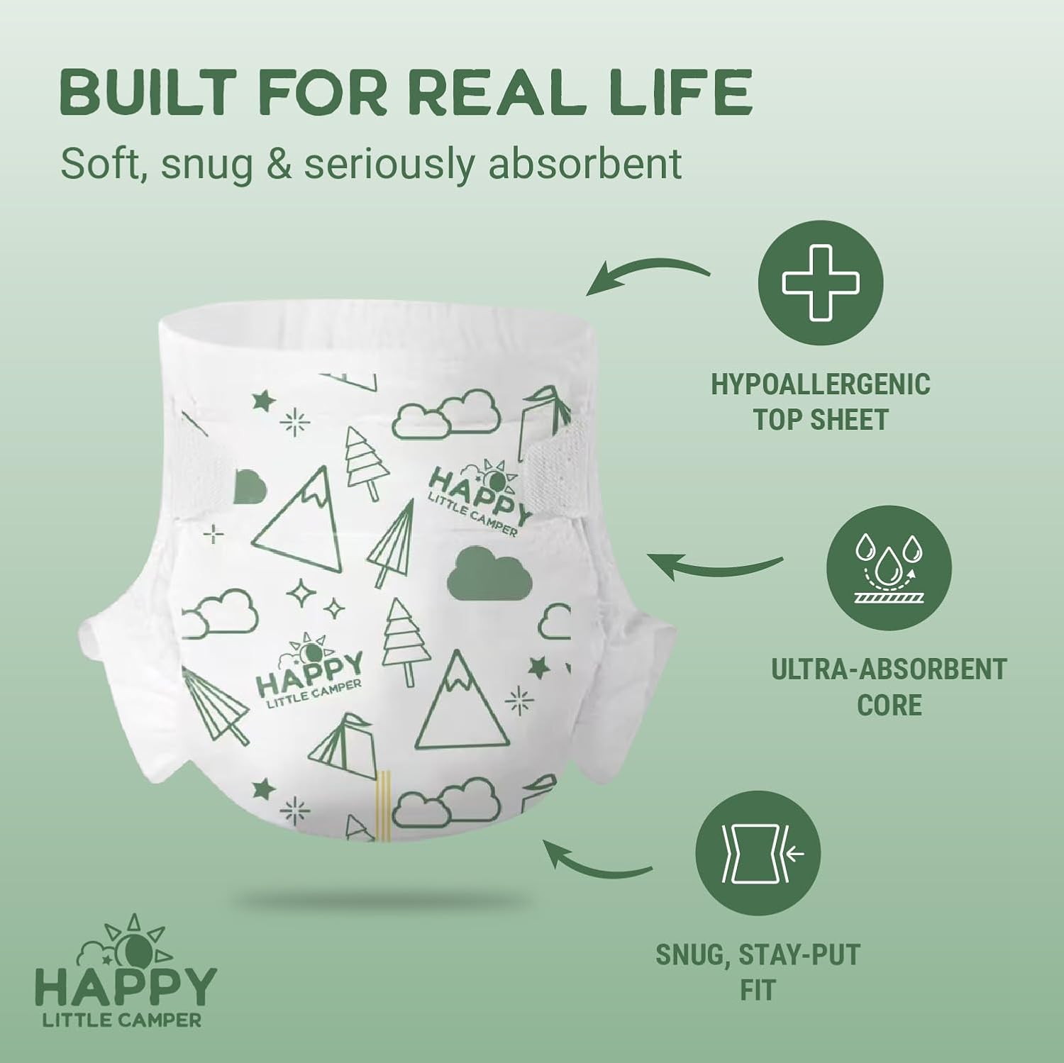 Alternative view of Happy Little Camper Premium Ultra-Thin Diapers, Size 4, 22-31 lbs, 50 Count | Ultra-Absorbent Disposable Baby Diapers for Sensitive Skin | Hypoallergenic, Fragrance-Free, Totally Chlorine Free