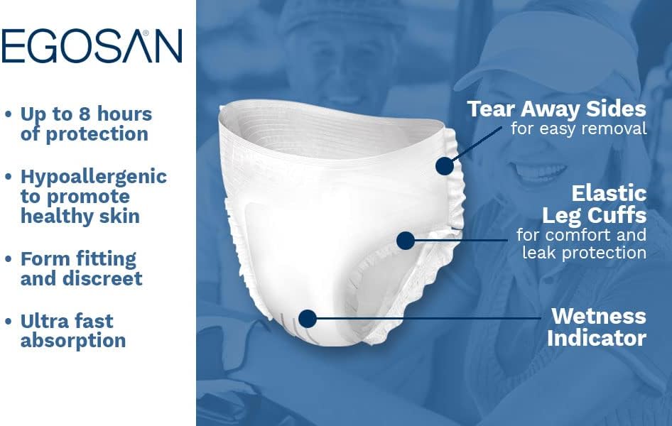 Egosan Super Incontinence Adult Pull Up Underwear (with Stretchable Waistband) - Maximum Absorbency for Active Men and Women (Medium Case, 84-Count) - Packaging May Vary