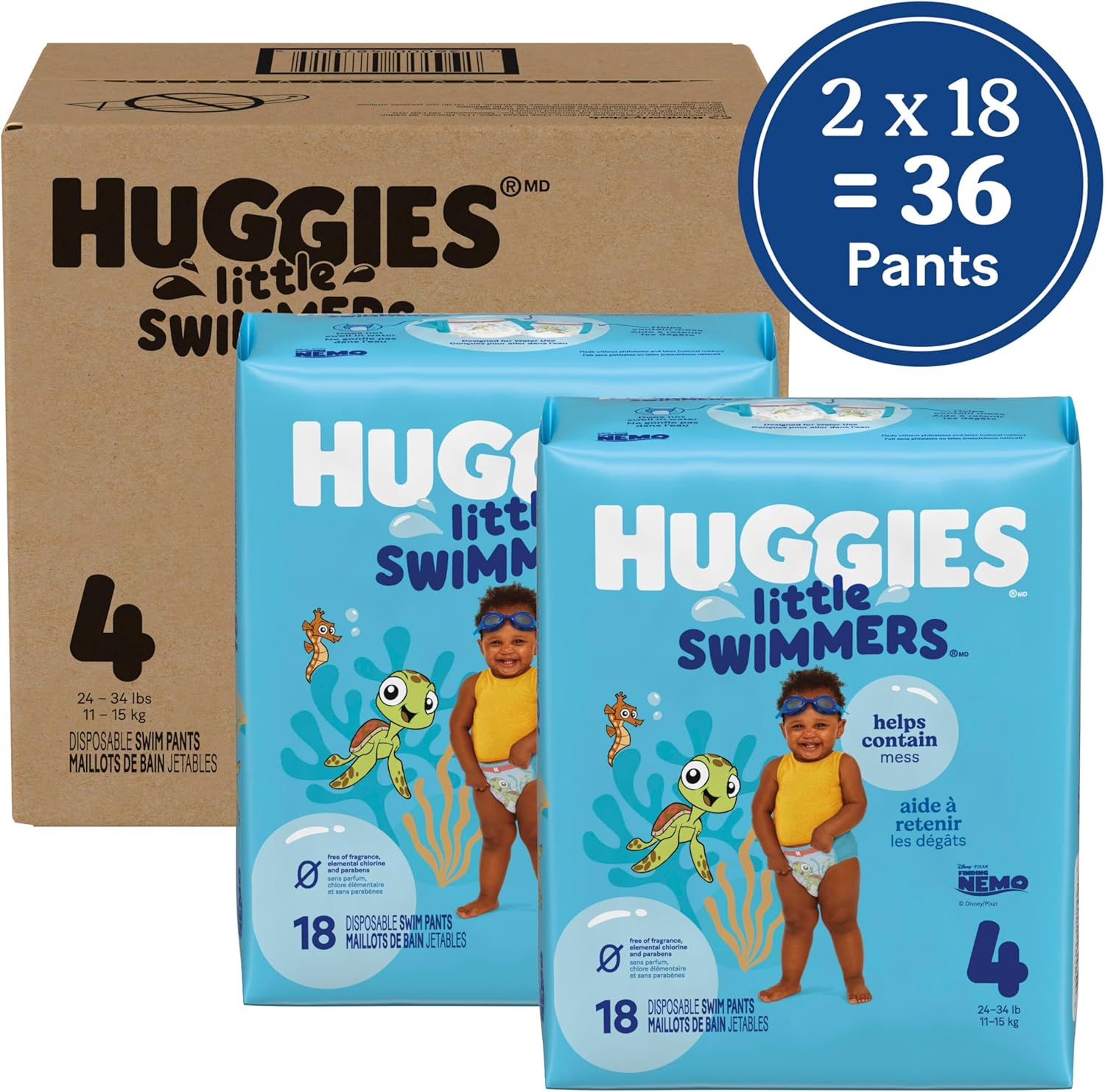 Huggies Little Swimmers Disposable Swim Diapers, Size 4 (24-34 lbs), 36 Ct (2 Packs of 18), Packaging May Vary