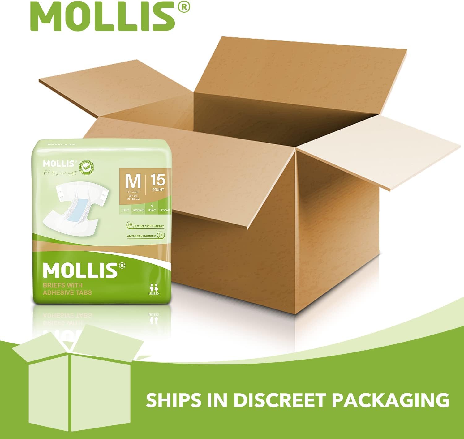 Alternative view of MOLLIS Adult Diapers for Women and Men, Unisex Disposable Incontinence Briefs with Tabs, Odor Control, Medium, 15 Count