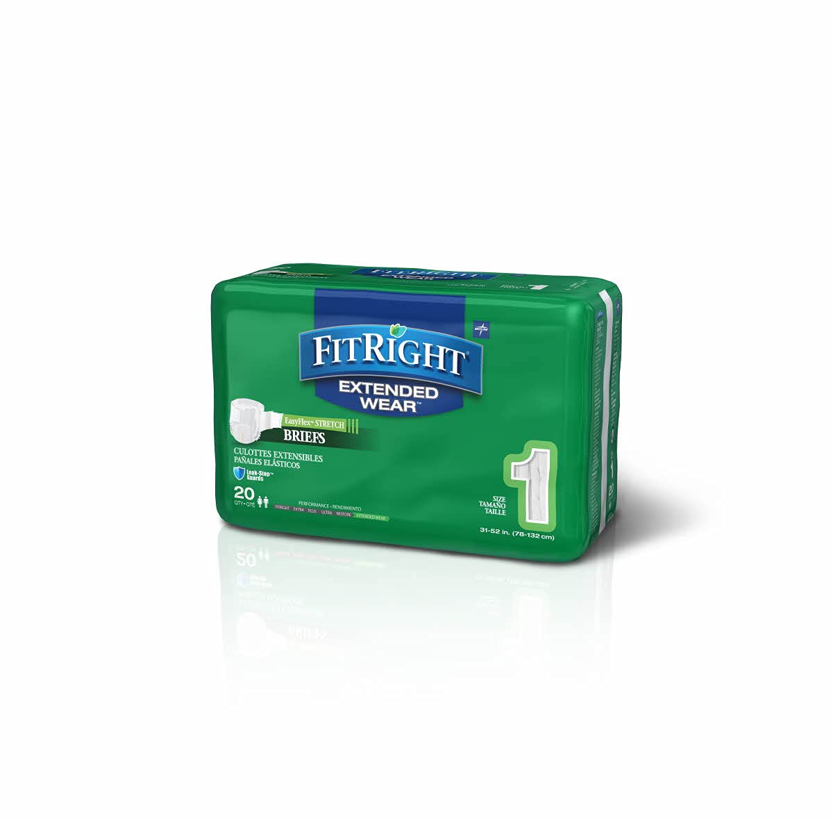 FitRight Extended Wear Stretch Briefs, Overnight Adult Diapers with Tabs, Size 1 (Case of 80)