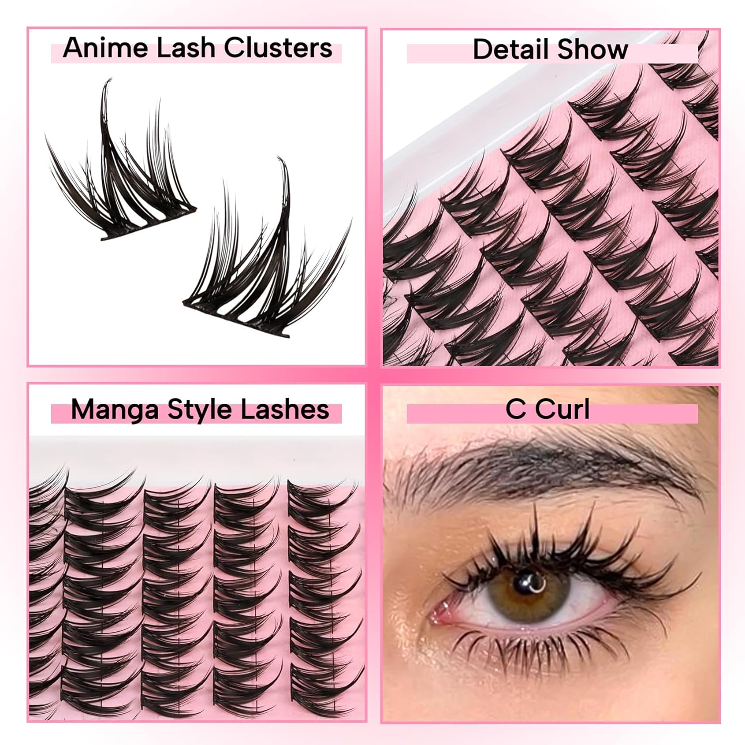 Fyonas Lash Clusters Manga Eyelash Clusters Spiky Cluster Eyelash Extensions 80Pcs C Curl Individual Lashes Volume Anime Lash Clusters with Thin Band Cosplay Lashes DIY at Home (Cutey)