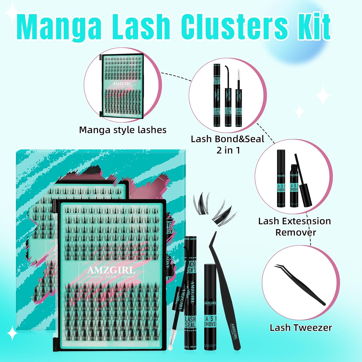 Manga Lash Clusters Kit 144PCS Fairy Eyelash Extension Kit with Lash Bond and Seal, Fake Eyelashes Clusters with Invisible Lash Band, Lash Glue Remover and Lash Applicators (8-16mm Kit,Black Bond)