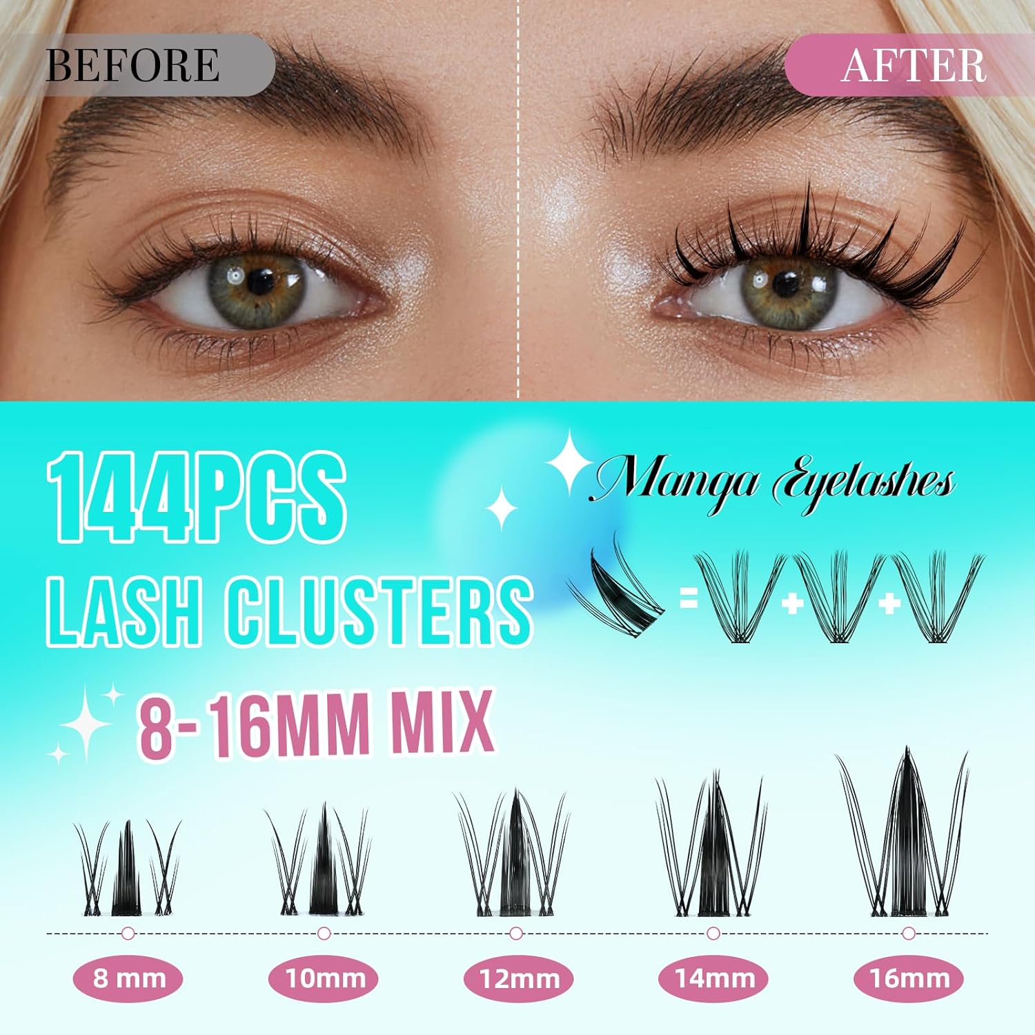Alternative view of Manga Lash Clusters Kit 144PCS Fairy Eyelash Extension Kit with Lash Bond and Seal, Fake Eyelashes Clusters with Invisible Lash Band, Lash Glue Remover and Lash Applicators (8-16mm Kit,Black Bond)