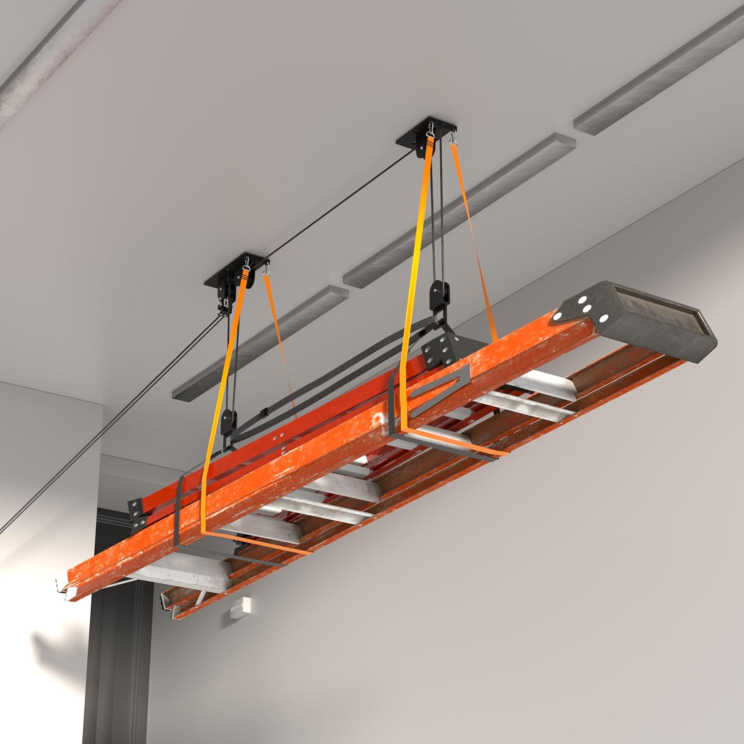 Ceiling Ladder Hoist, Heavy Duty Pulley System for Garage Storage, Ladder Hanger Hold Up to 150 lbs Capacity for Kayak, Cargo Box, Canoe, Bike Lift, Fit 10-18 Foot Ceilings, Black