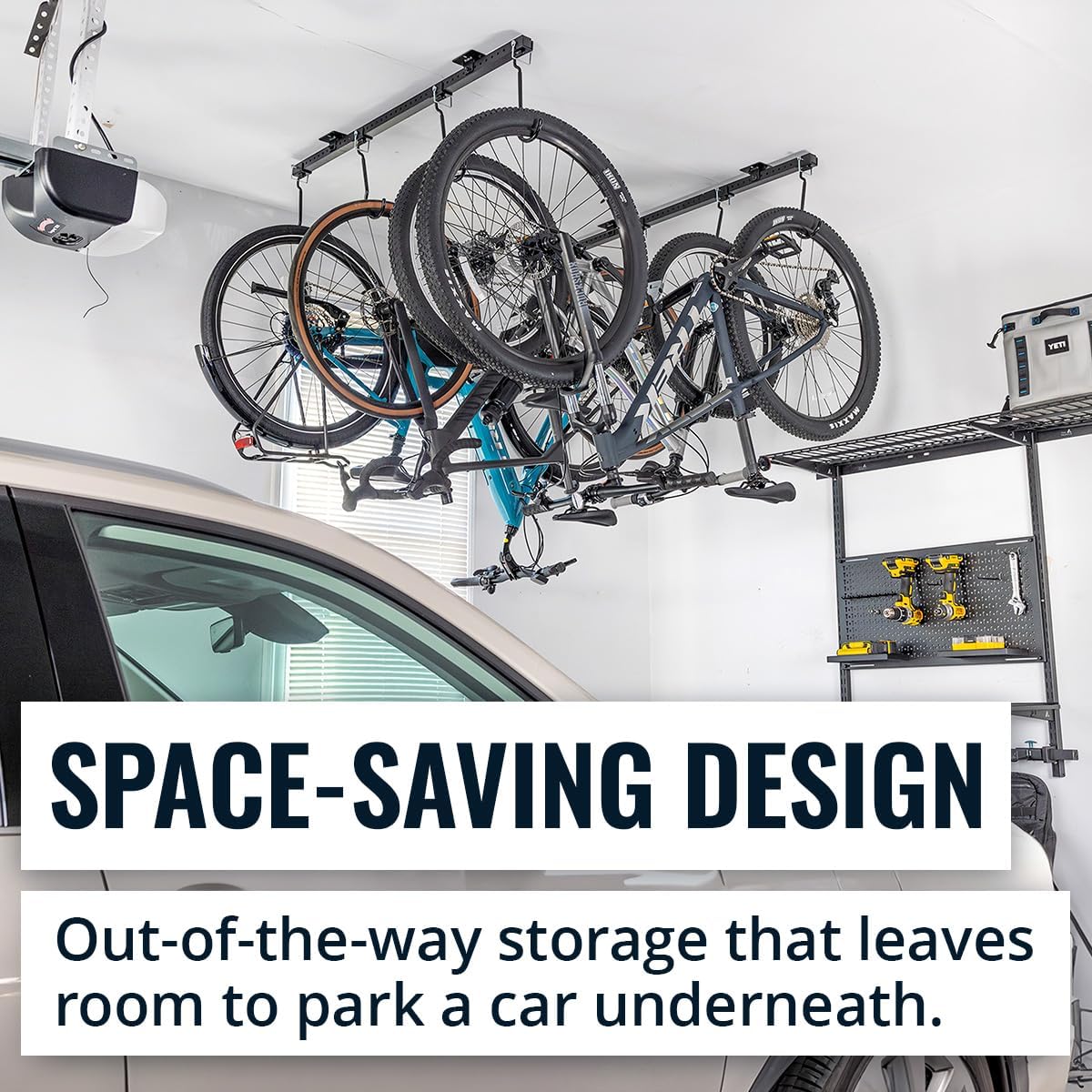 Alternative view of Teal Triangle Ceiling Mounted Bike Rack for Garage - Premium Bicycle Stand & Hanger for Space-Saving Storage | Adjustable Ceiling Hooks Hold 4-8 Bikes - Indoor Bicycle Rack System for basement