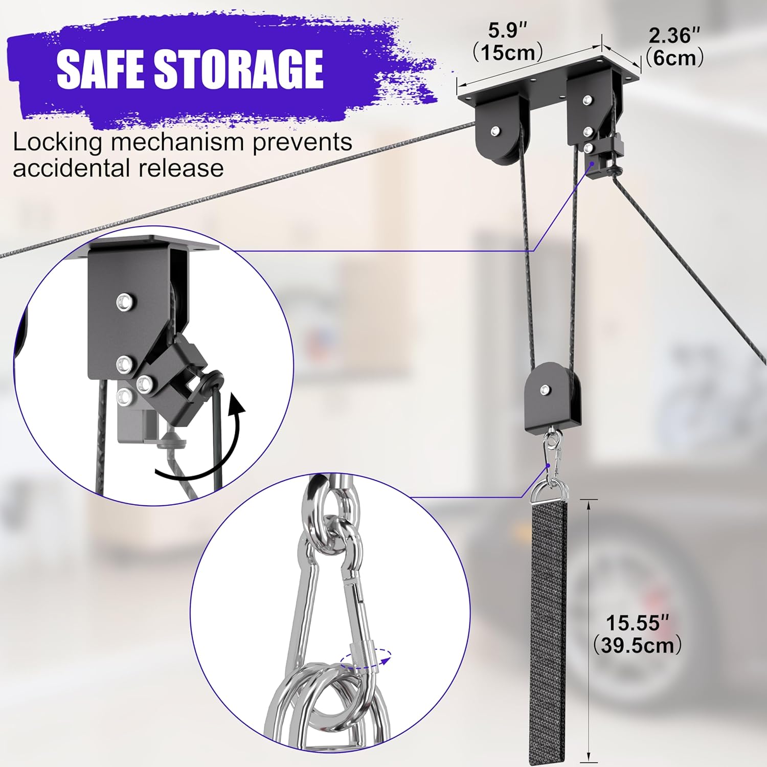 Alternative view of 2 Pack Bike Hoist, Heavy Duty Ebike Lift Pulley System for Garage Ceiling Overhead Storage for Bicycle, Ladders, Snowboard, Holds Up to 85 lbs Capacity, Fit 10-16 Foot High Ceilings