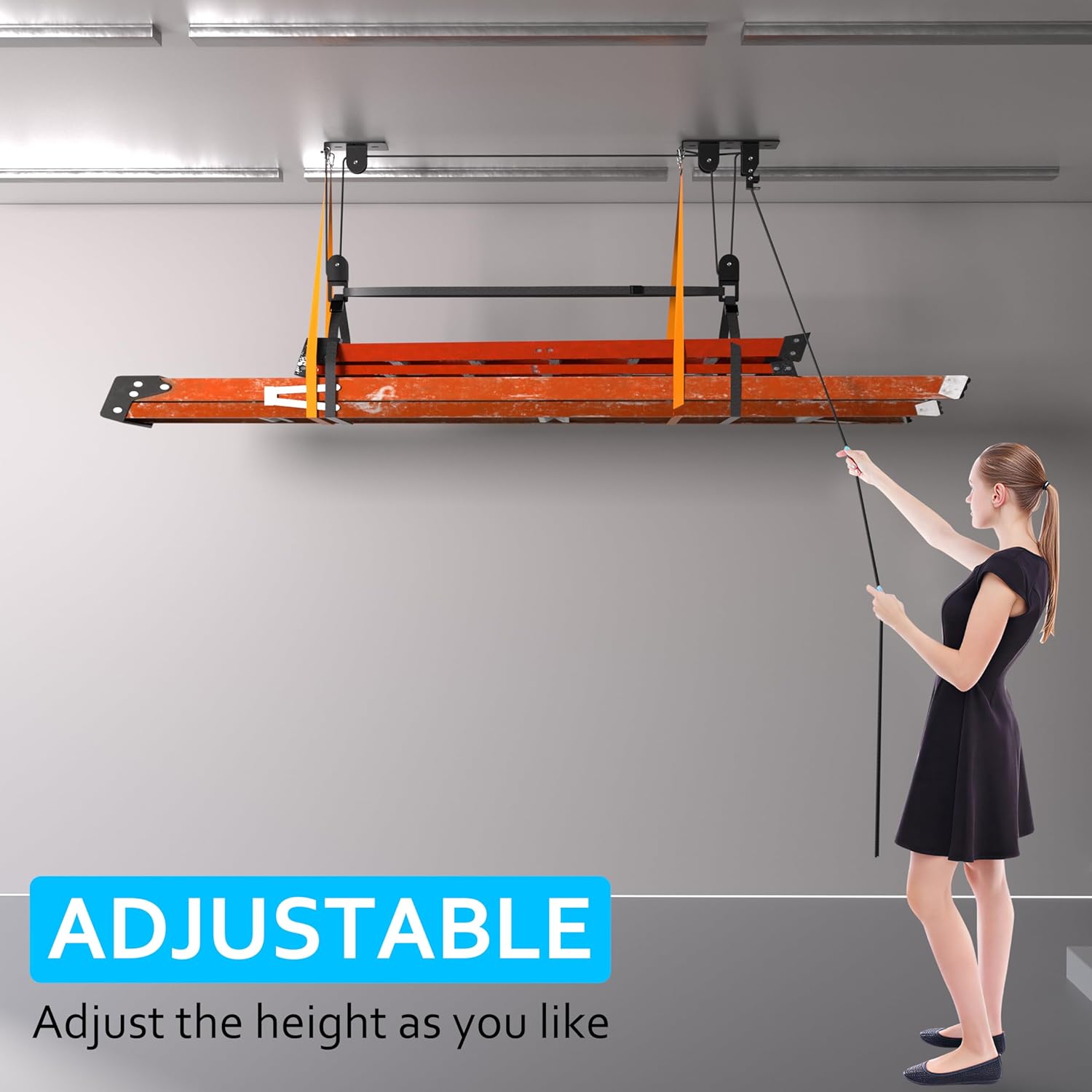Alternative view of Ceiling Ladder Hoist, Heavy Duty Pulley System for Garage Storage, Ladder Hanger Hold Up to 150 lbs Capacity for Kayak, Cargo Box, Canoe, Bike Lift, Fit 10-18 Foot Ceilings, Black