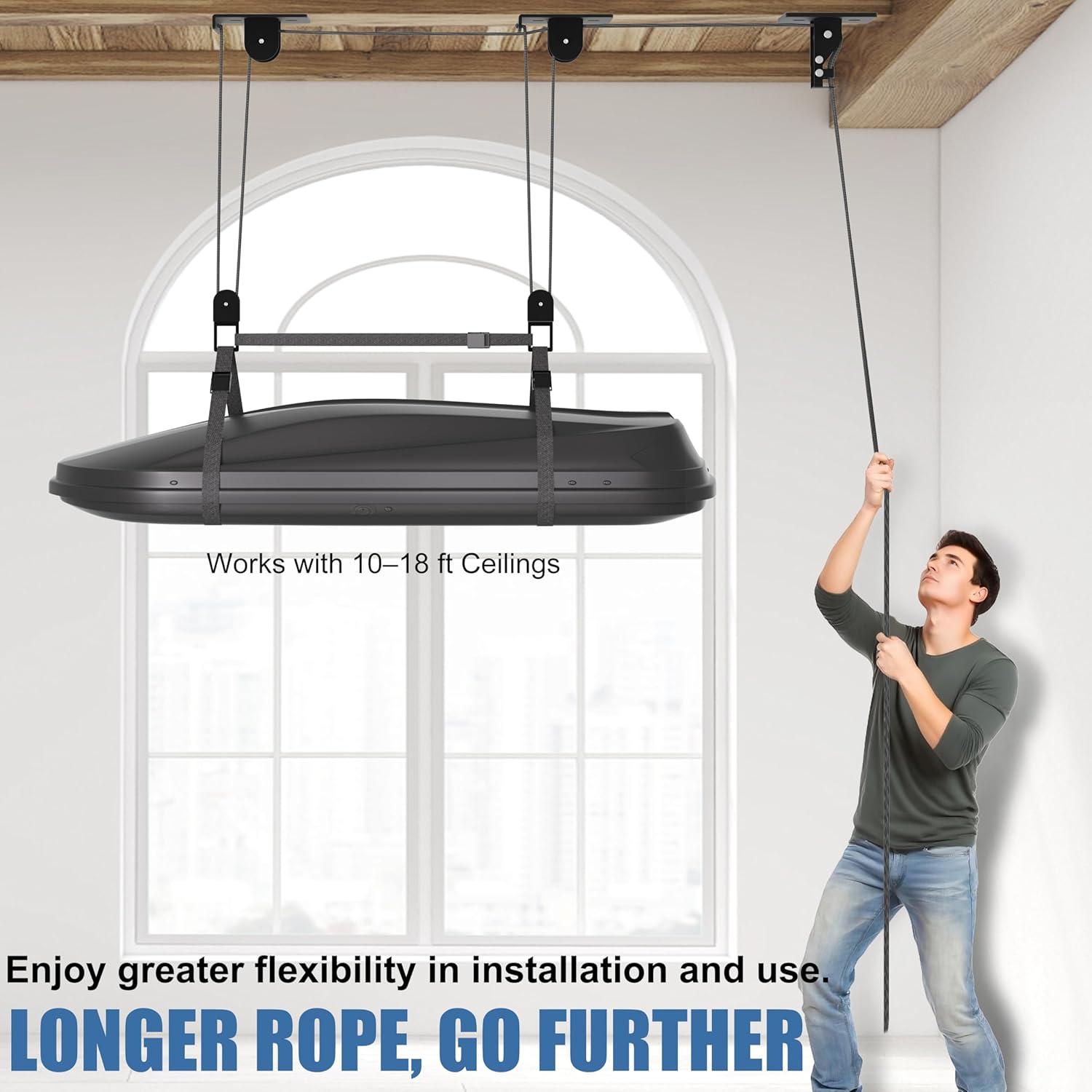 Alternative view of KOSEOO Cargo Box Pulley System for Garage Storage, Heavy-Duty Kayak/Canoes/Bikes/Ladders Ceiling Hoist, Hold Up to 150 lbs Capacity, Fit 10-18 Foot Ceilings, Black