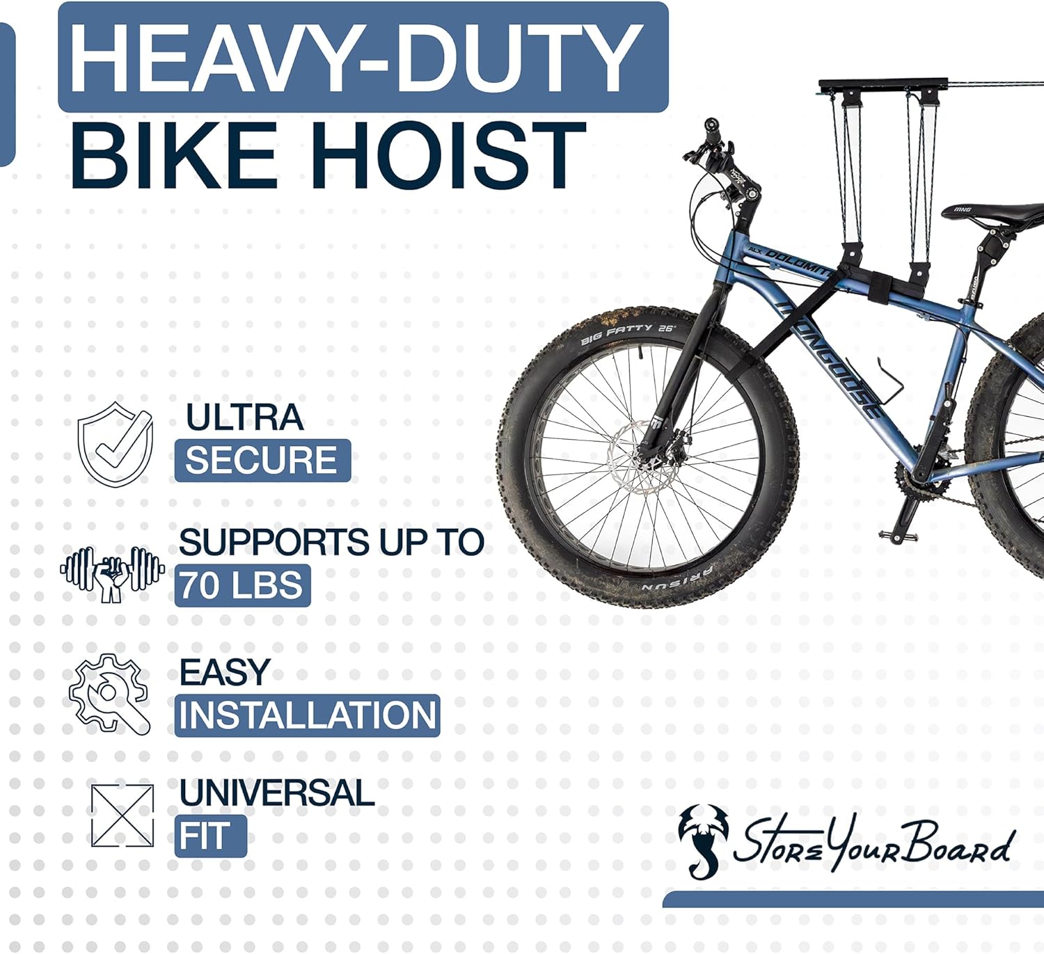 StoreYourBoard Bike Hoist, No-Slip Bicycle Ceiling Storage, Heavy-Duty Garage Pulley Lift System, Road, MTB, Fat Tire, Ebike Hanger