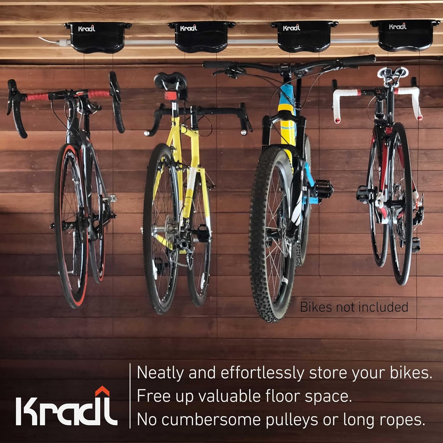 Kradl - Ceiling Mount Bike Lift and Rack. Bicycle Storage Hoist Without Electricity, Clumsy Ropes or Pulleys.