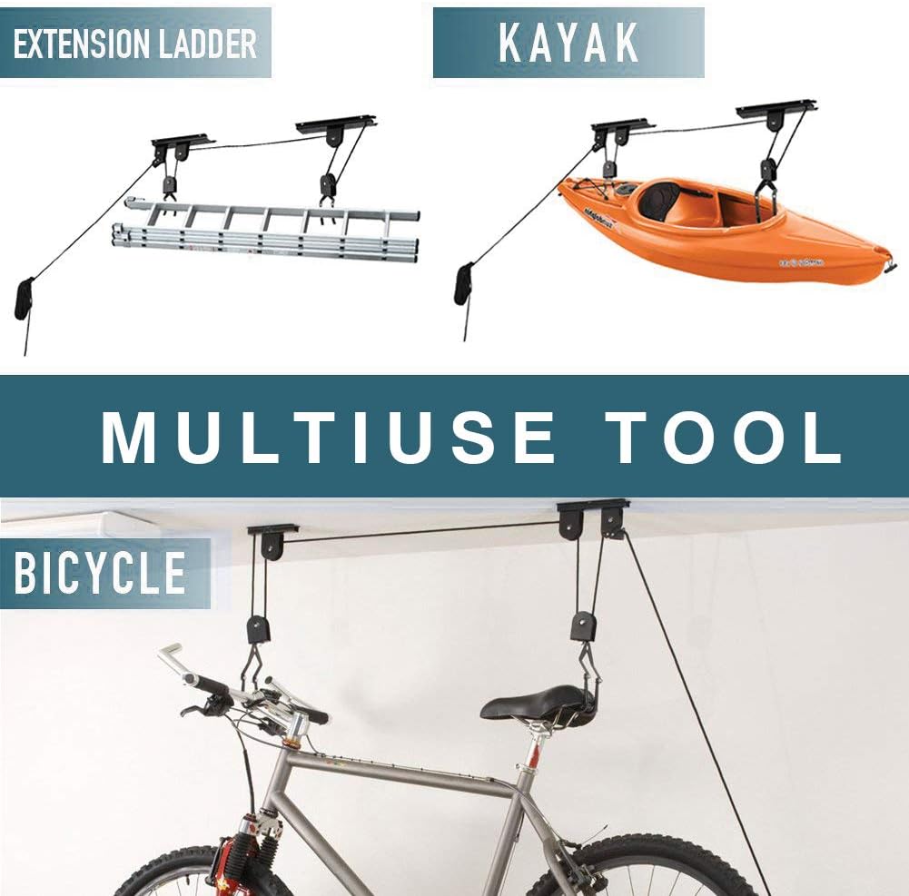 Ihomepark Bike Hoist for Garage Ceiling Storage, Heavy Duty Bicycle Lift Mountain Bicycle Hanging Rack with 3 Pulley and 45 ft Adjustable Rope | 100 lb Capacity