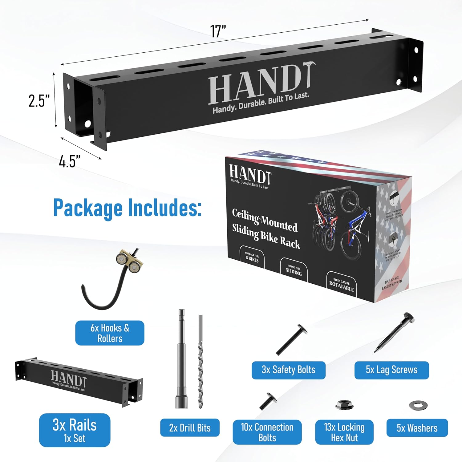 USA Based Ceiling Bike Hanger Slide Mount Up To 6 Bikes, Sliding Garage Bicycle Storage, 51" Heavy Duty Hanging Hook Racks 450lbs Limit, Overhead Mounted Hangers for Storing Bicycles | Black