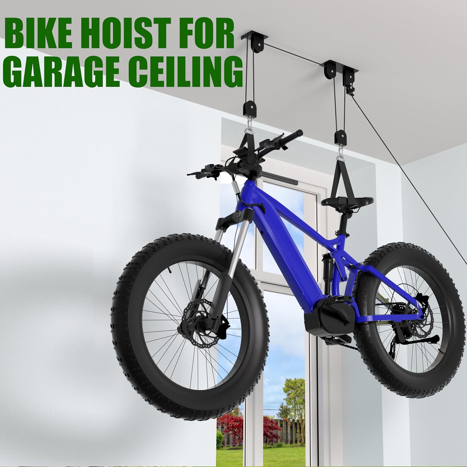 Bike Hoist, Ceiling Mount Bike Hanger Holds 100 lbs, Ebike Lift Garage Overhead Storage for Bike, Ladder, Snowdoard