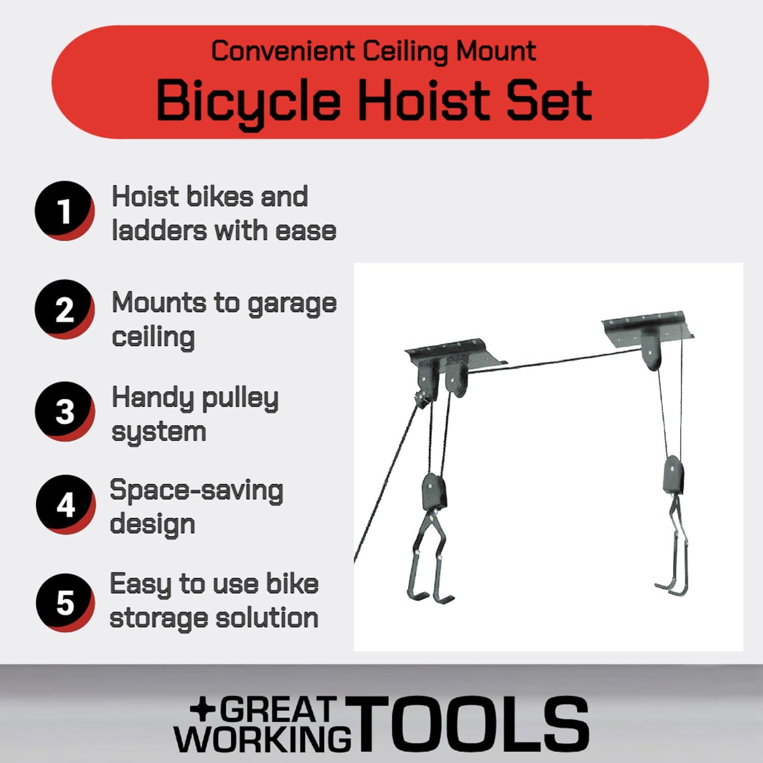 Alternative view of Great Working Tools Ceiling Mount Bike Hoist Set of 2 Bike Hangers Pulley System
