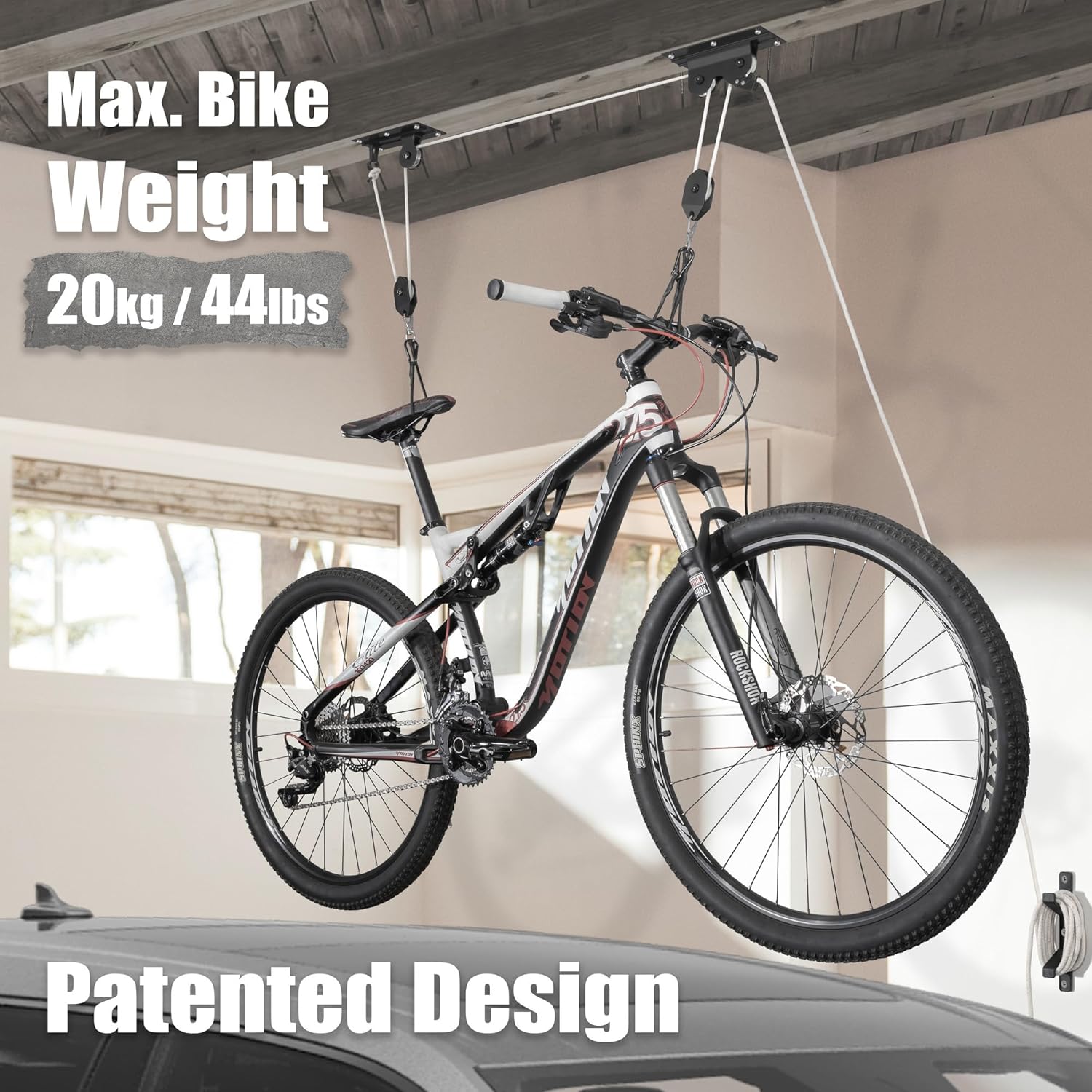 CyclingDeal Ceiling-Mounted Bike Hoist Rack - Secure Bike Storage Ceiling Bike Hangers for Garage - Safe & Easy Lifting for Garage Bicycle Hanger Bike Storage Rack - Premium Rope & Bike Hooks