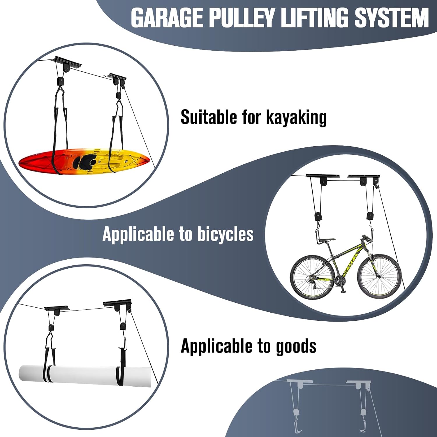 Alternative view of LIYYOO Garage Pulley Lift System, Ceiling Storage Hoist, For Cargo Box/Kayak/Bike/Ladders,Heavy Duty Holds 100 lbs, Fits 8-10 ft Tall Garage Ceilings