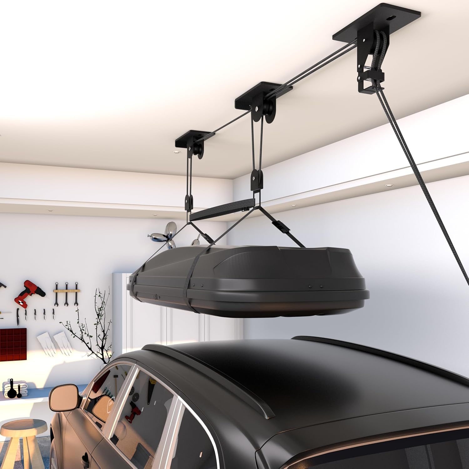 KOSEOO Cargo Box Pulley System for Garage Storage, Heavy-Duty Kayak/Canoes/Bikes/Ladders Ceiling Hoist, Hold Up to 150 lbs Capacity, Fit 10-18 Foot Ceilings, Black