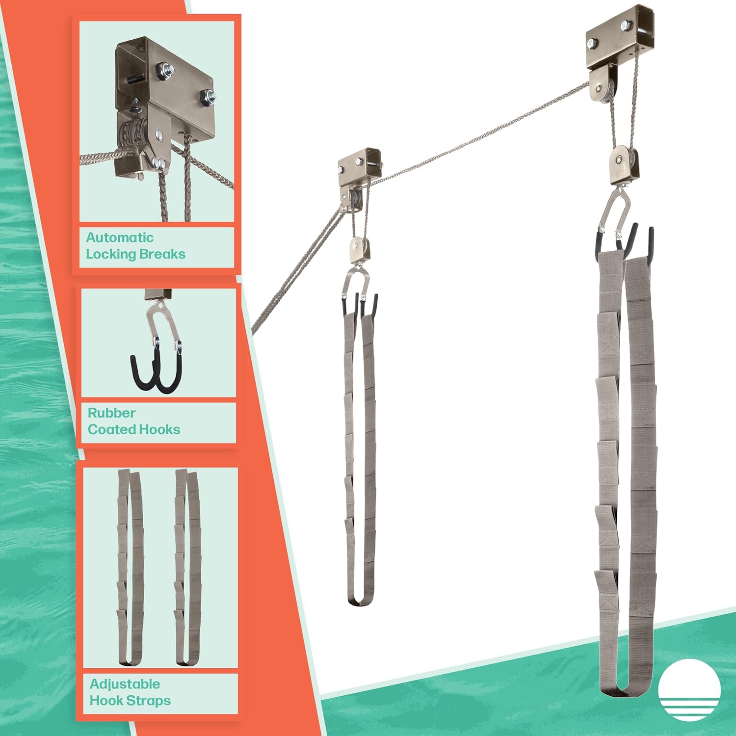 RAD Sportz Kayak Storage Hoist - Overhead Pulley System with 125lb Capacity for Canoes, Bikes, Ladders, and More for Ceilings up to 12ft (Gray)