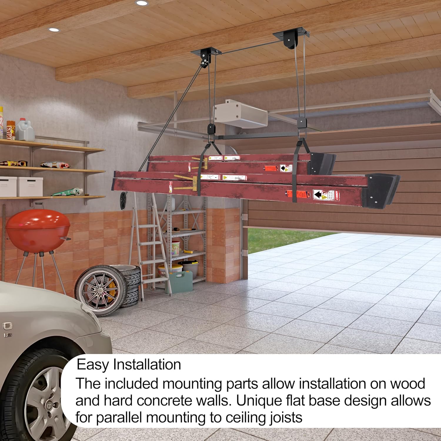 Ladder Storage, Larger Pulley Ladder Hoist, Self Locking Function Ladder Hanger, Garage Ceiling Mount Lift System for Kayak, Cargo Box, Canoe, Bike,Fit 10-14 Foot Ceilings, Hold 150 lbs