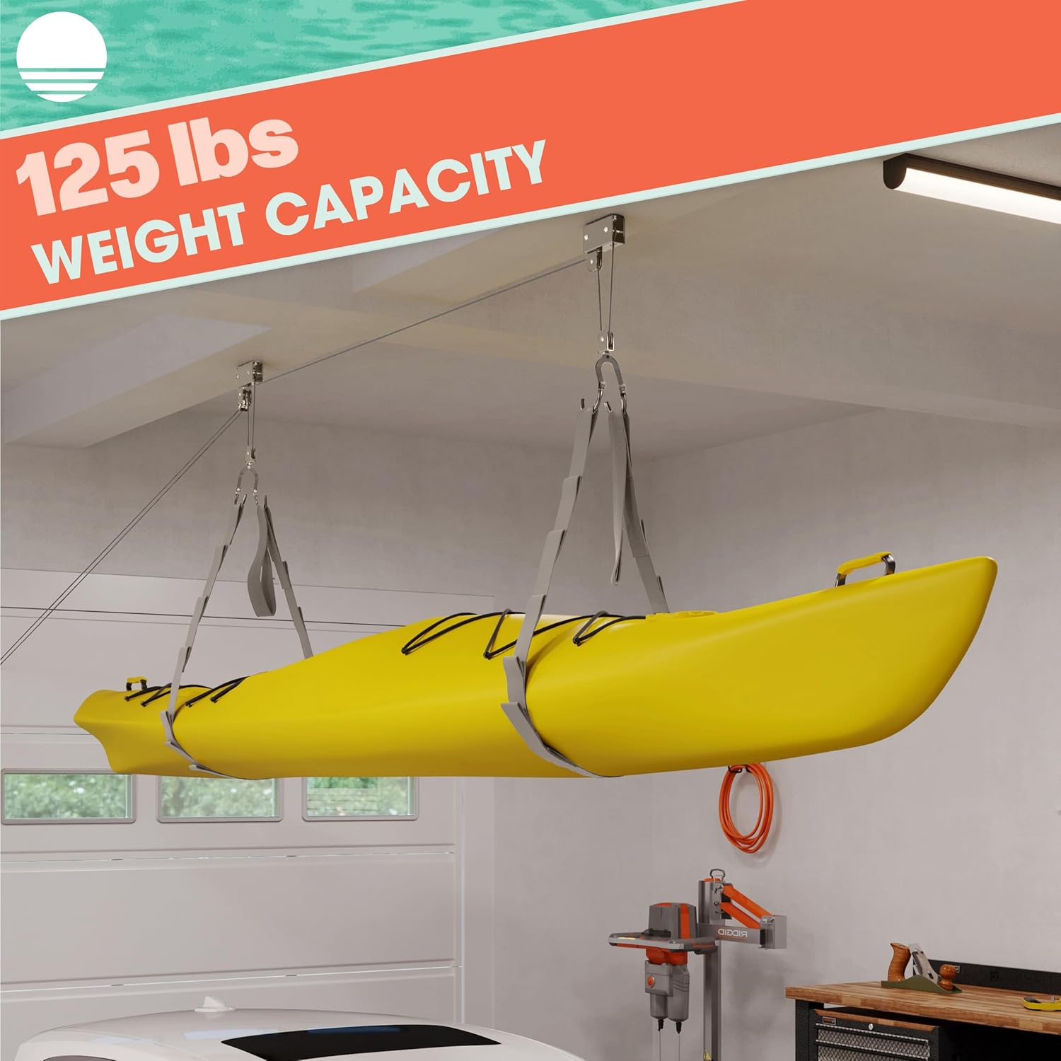 Alternative view of RAD Sportz Kayak Storage Hoist - Overhead Pulley System with 125lb Capacity for Canoes, Bikes, Ladders, and More for Ceilings up to 12ft (Gray)