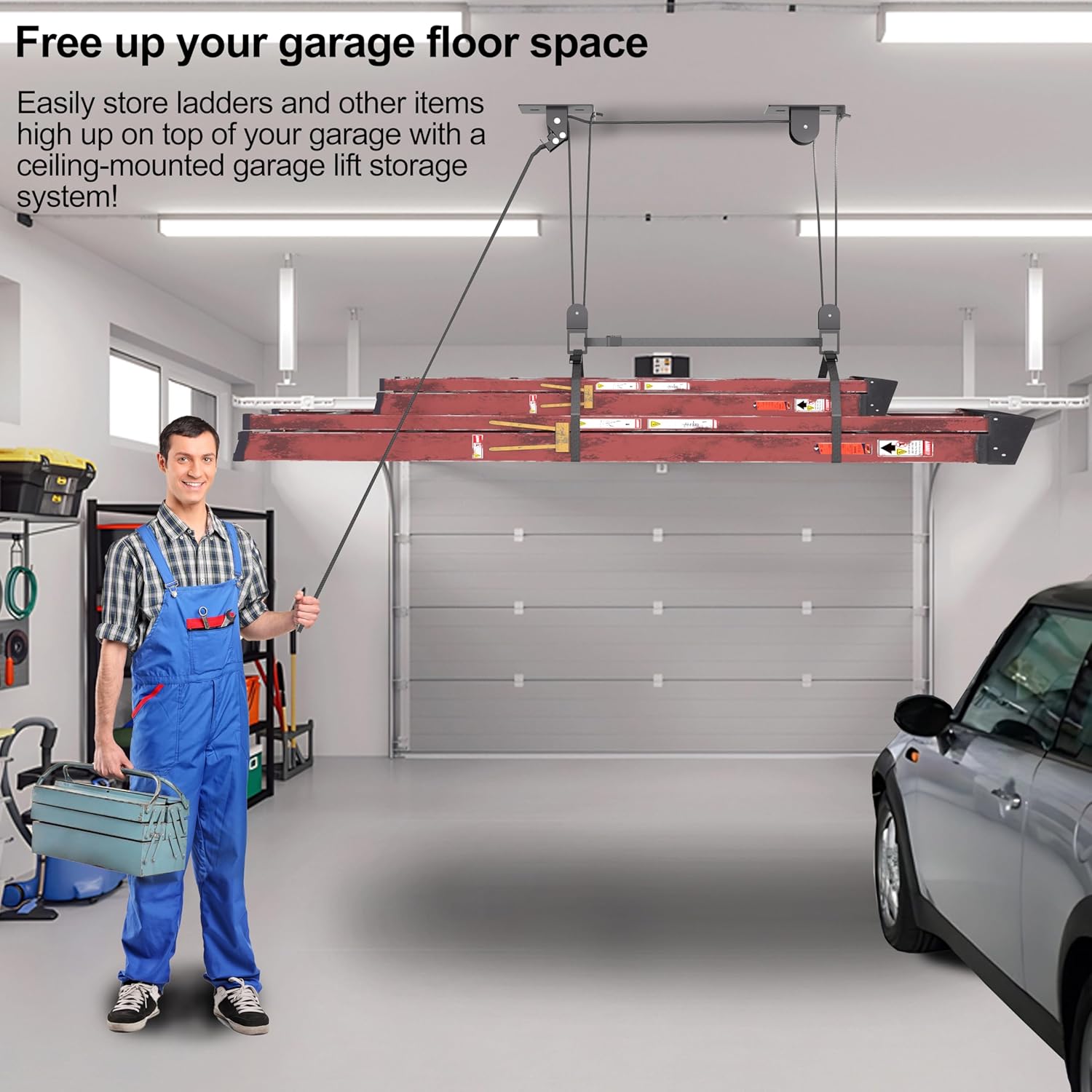 Alternative view of Ladder Storage, Larger Pulley Ladder Hoist, Self Locking Function Ladder Hanger, Garage Ceiling Mount Lift System for Kayak, Cargo Box, Canoe, Bike,Fit 10-14 Foot Ceilings, Hold 150 lbs