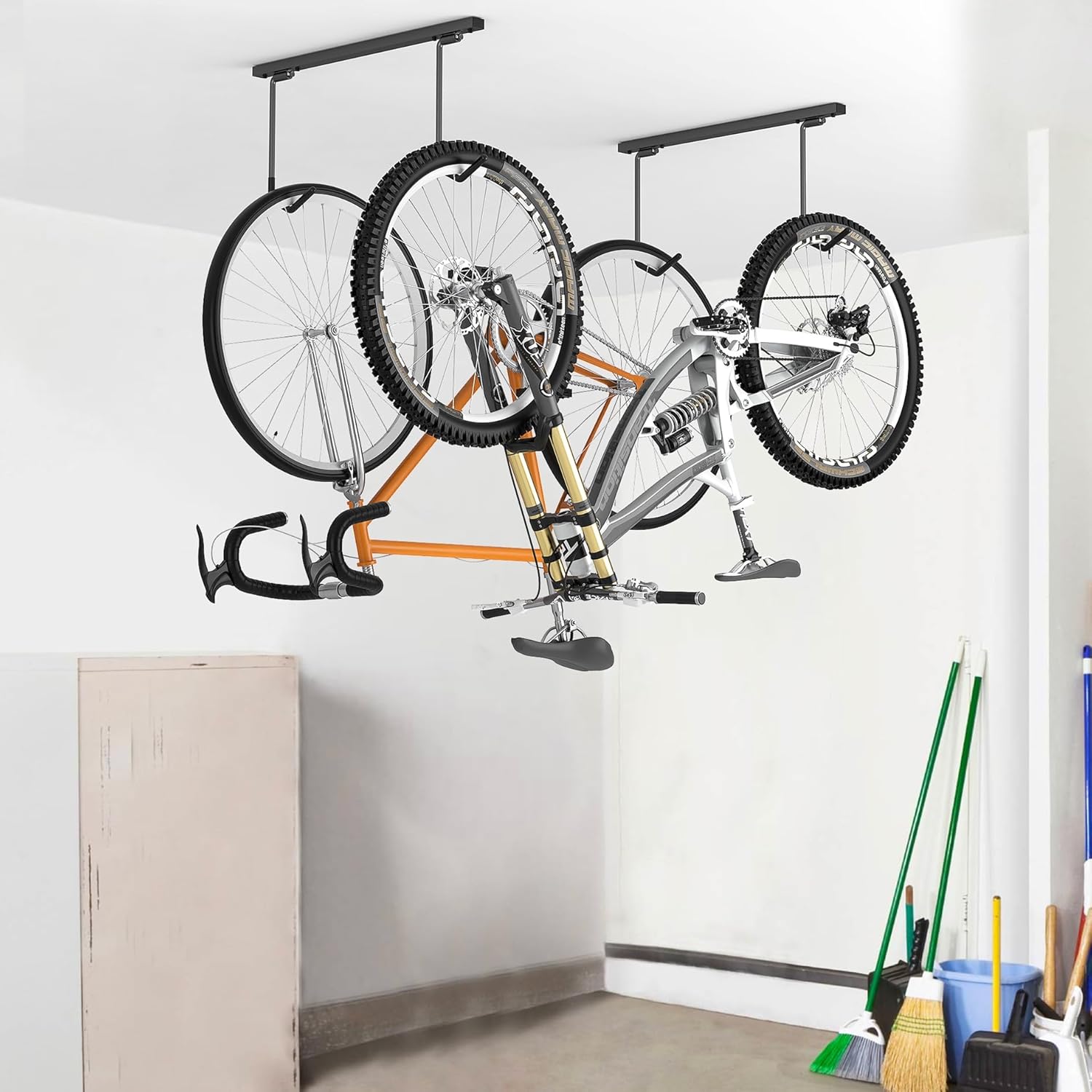 WALMANN Ceiling Mounted Bike Rack for Garage, Space-Saving Ceiling Bike Storage for 2 Bikes(Horizontally)/4 Bikes(Vertically), Adjustable Bike Hooks for Road Mountain Bikes