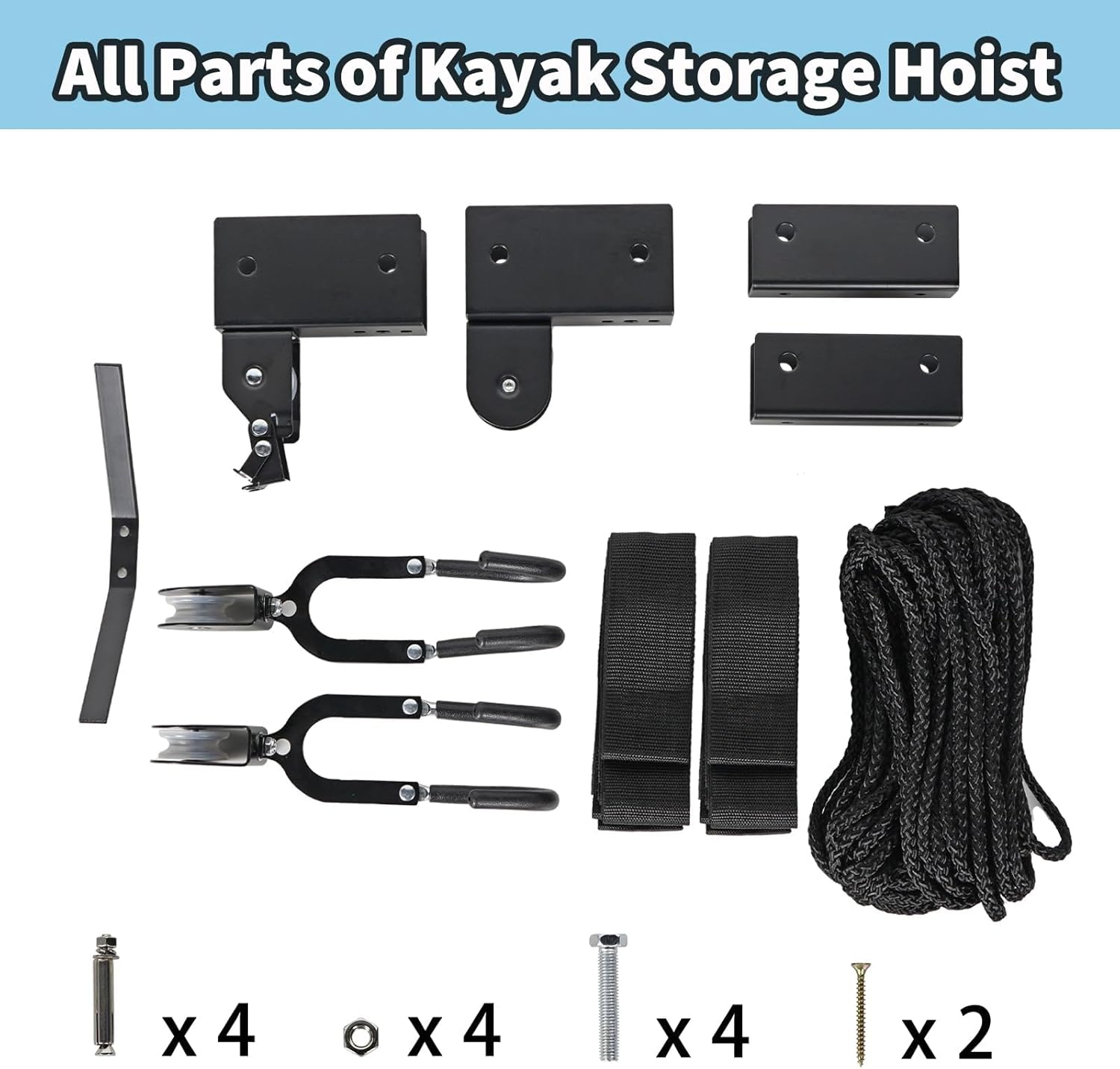 Kayak Hoist Lift Garage Storage with 125lb Capacity Overhead Pulley System for Kayak, Canoe, Bike, Ladder, Paddleboard, Black