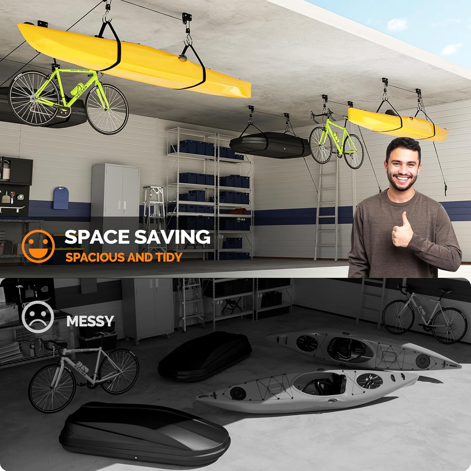 Bonnlo Pulley System Kayak Hoist, Garage Ceiling Storage Canoe Lift with 150 lbs Capacity Even Works as Bike Lift, Up to 14 ft Ceiling