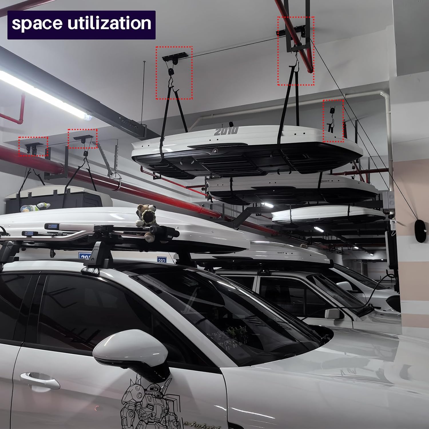 Cargo Box Ceiling Hoist u2013 Garage Pulley Lift System for Rooftop Cargo Carrier Fits Garage or Shed with 100lb Capacity for Bicycles or Ladders or Roof Luggage Box or Roof Luggage Frame